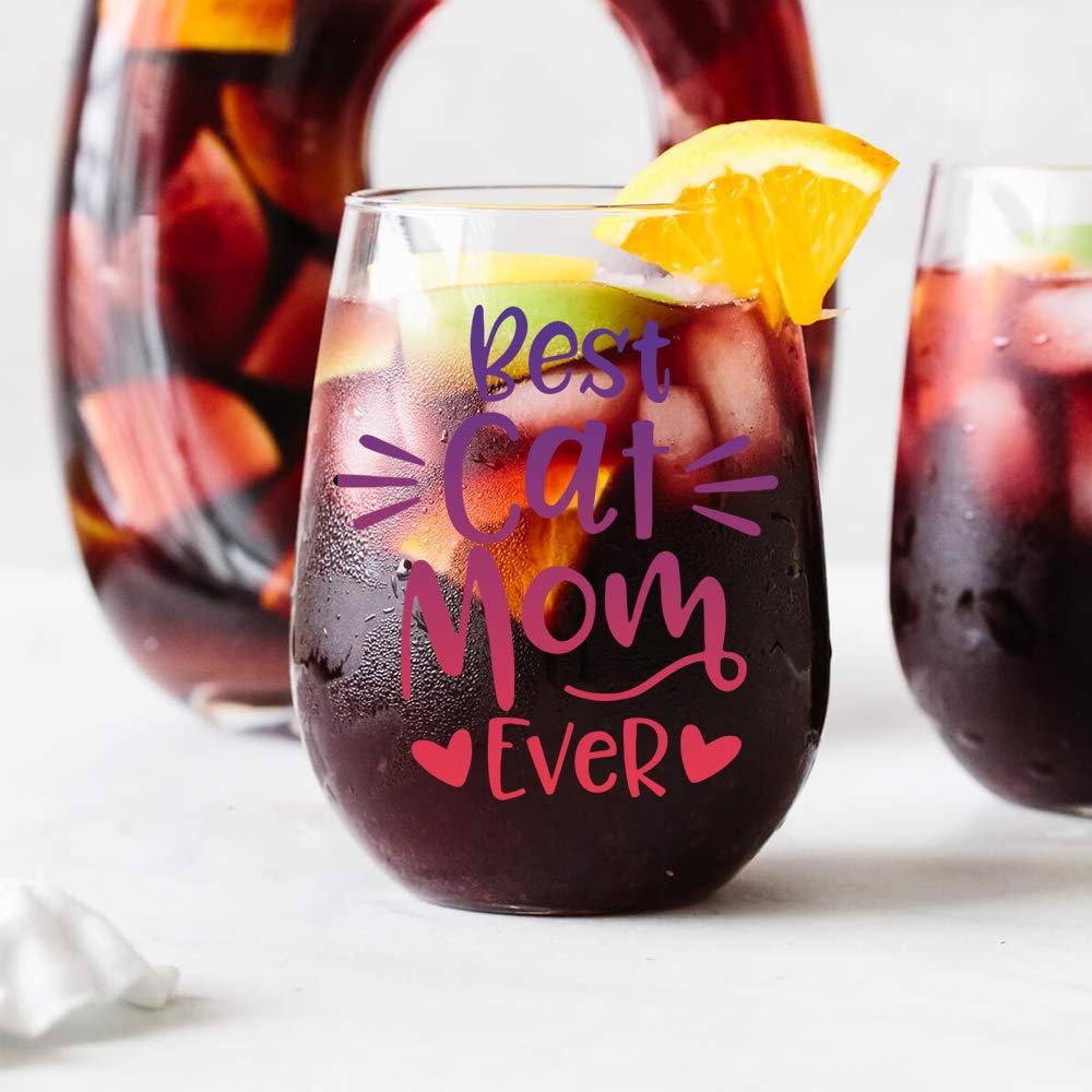 Funny Cat Mom Stemless Wine Glass - Best Cat Lover Gift for Women, Cat Dad, Veterinarian & Vet Tech - Perfect Birthday & Valentine's Present for Animal Rescue Enthusiasts - Great for Wine Nights & Cat-Themed Parties