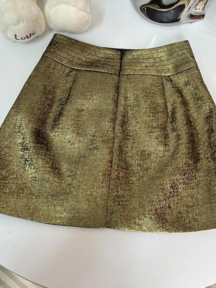 Luxury Golden Mini Skirt for Women - High Street Fashion A-Line Skirt | Sexy Office Wear & Streetwear Vintage Style | Perfect for Night Out, Club Party, and Casual Dating