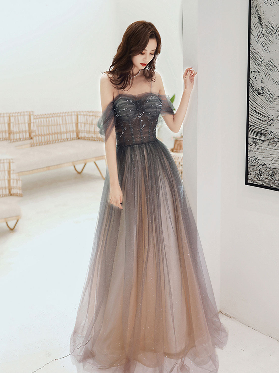 Elegant Brown A-Line Off Shoulder Tulle Long Prom Dress for Women | Formal Graduation Gown | Perfect for Homecoming, Quinceañera & Evening Parties