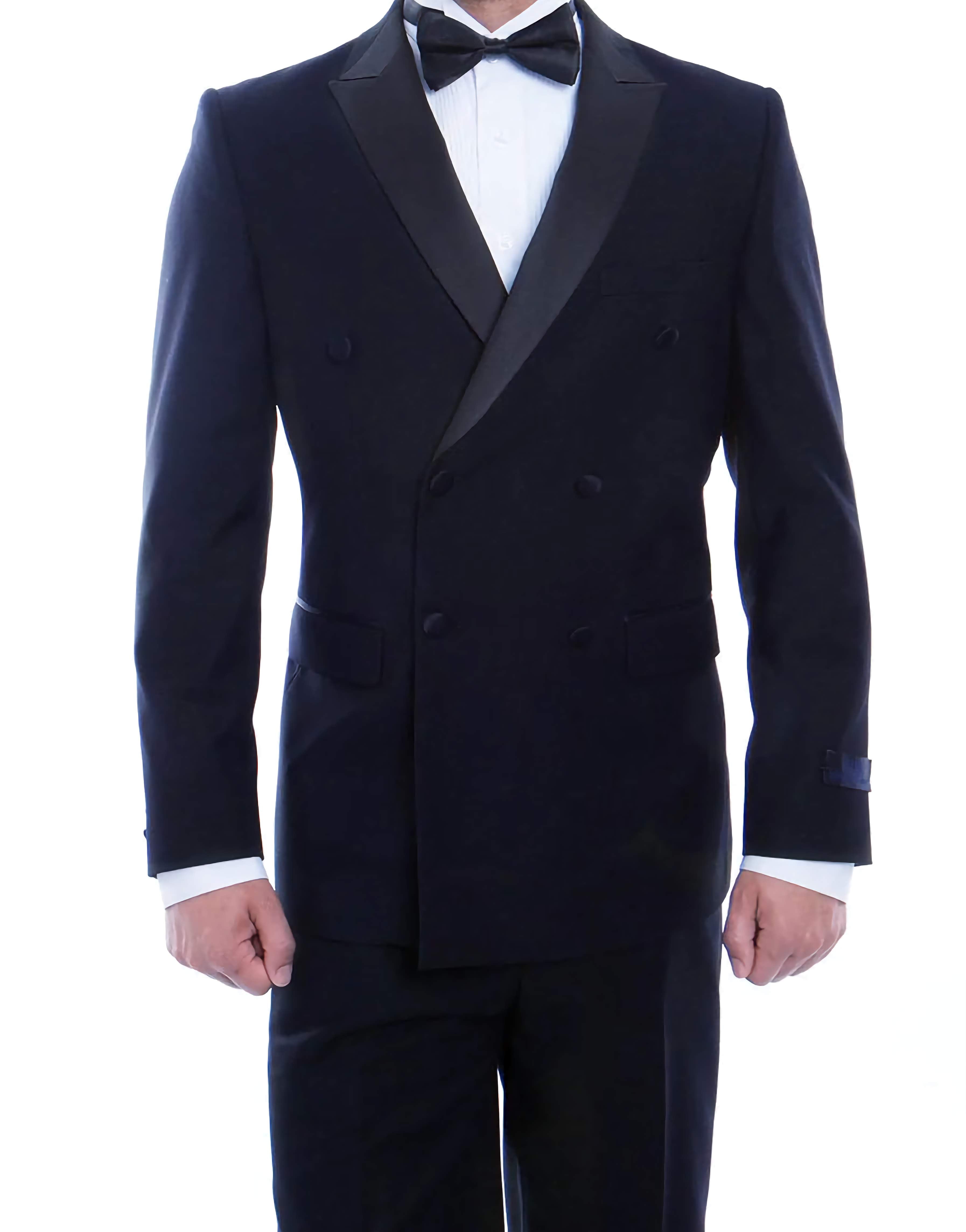 Double Breasted Slim Fit Navy Tuxedo with Black Satin Peak Lapel | Formal Wedding Suit & Evening Gown for Men | Perfect for Weddings, Prom, Black Tie Events