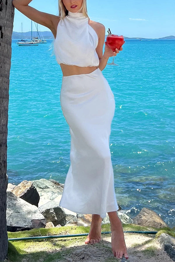 Such A Vibe Women's High Neck Satin Drape Maxi Skirt Set - Elegant Evening Dress for Parties, Weddings & Special Occasions