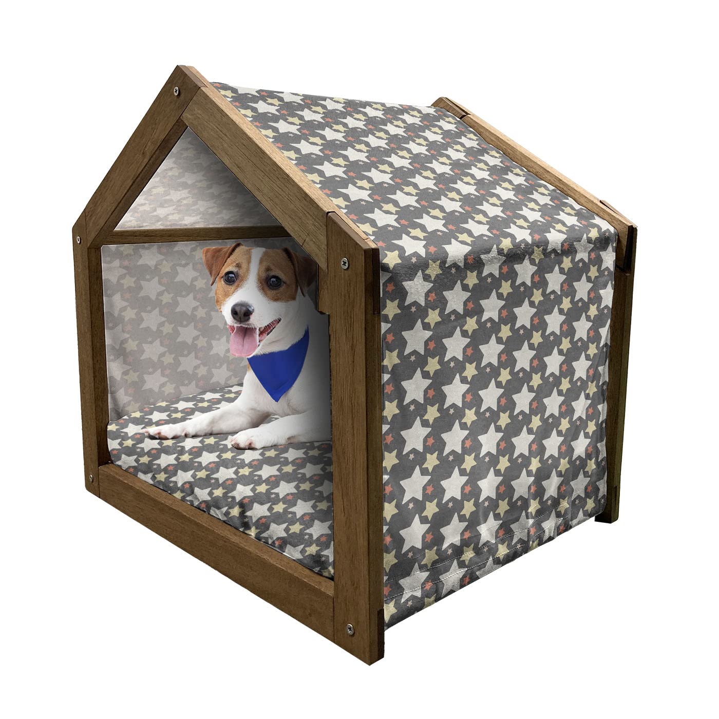 Ambesonne Retro Wooden Dog House with Colorful Star Design - Indoor & Outdoor Portable Pet Kennel with Pillow Cover - Large Size for Medium to Big Dogs - Perfect for Backyard, Patio or Living Room