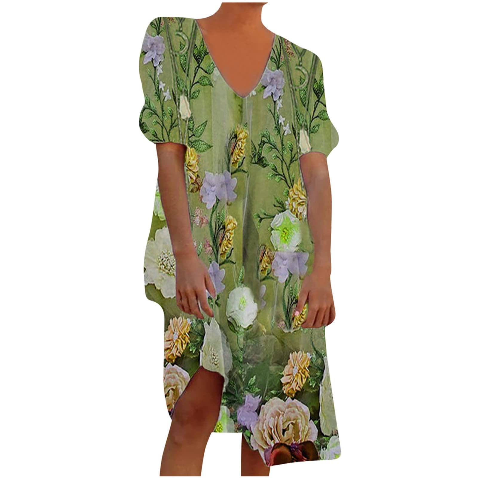 Zainafacai Women's Summer Casual Short Sleeve Mini Dress - Floral Print V-Neck Loose Fit Shift Dress for Beach, Party & Everyday Wear