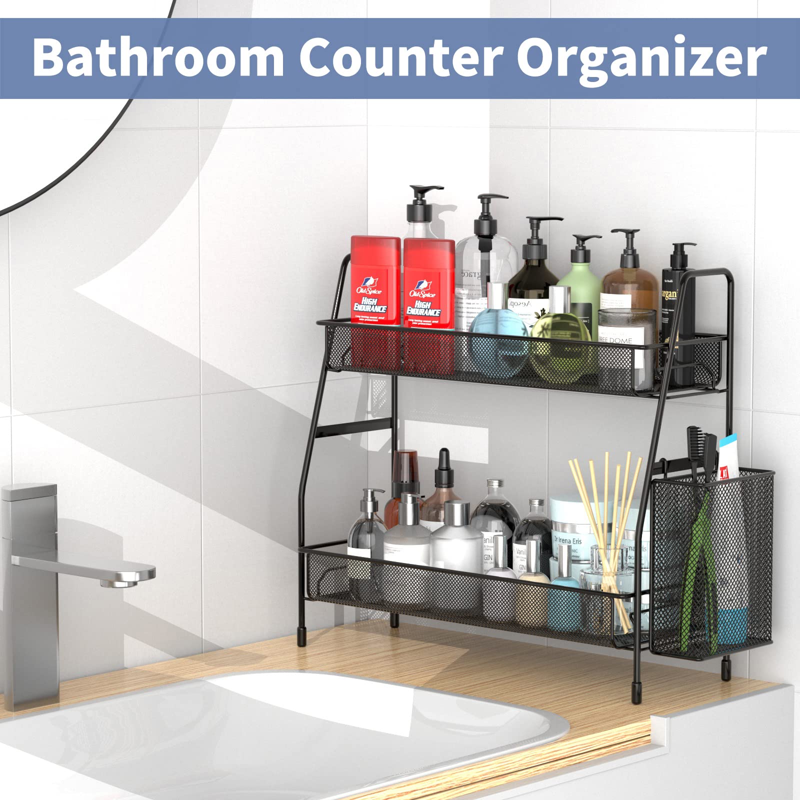 EKNITEY 2-Tier Metal Bathroom Countertop Organizer Shelf - Spice Rack & Makeup Organizer for Perfumes, Cosmetics | Perfect for Sink, Bedroom, Living Room, Kitchen & Office Storage Solutions