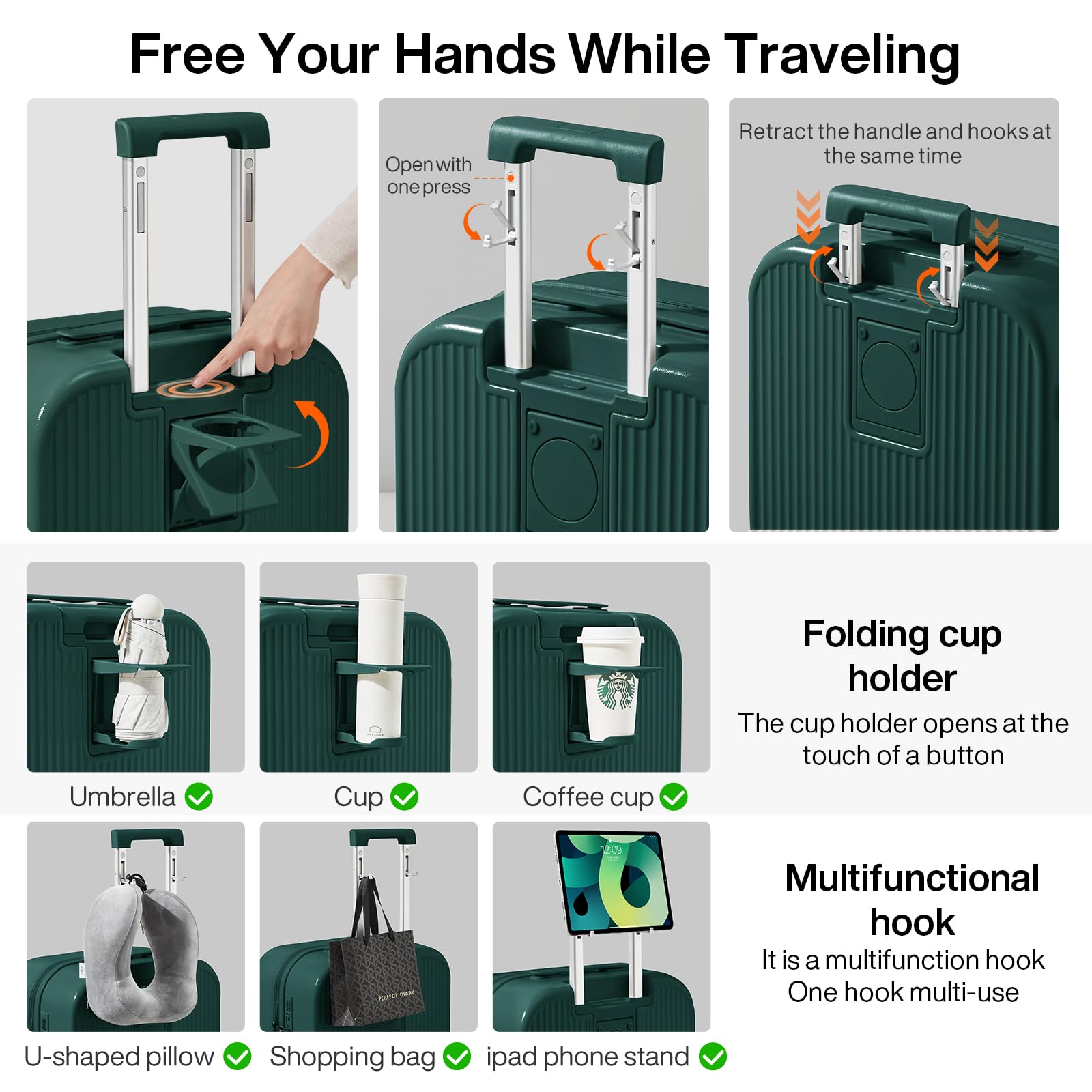 20 Inch Mixi Hard Shell Spinner Carry On Luggage with Cup & Phone Holder - Blackish Green Rolling Travel Suitcase for Business Trips & Weekend Getaways
