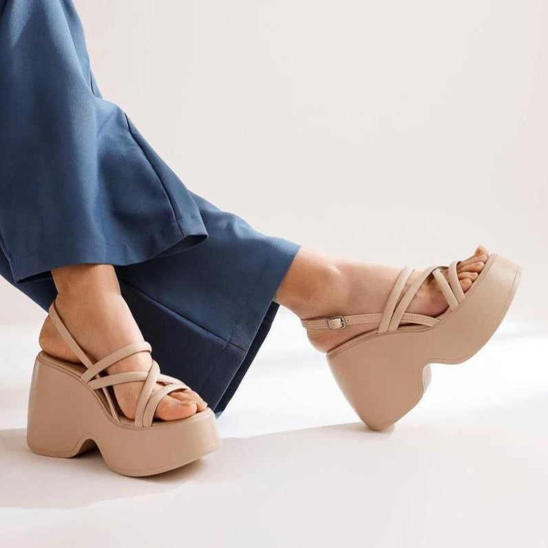 Diana Women's Chunky Wedge Sandals - Comfortable Beige Summer Shoes for Beach, Walking & Casual Outfits