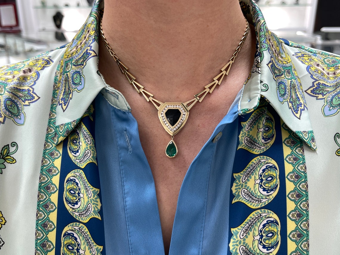 8.04tcw Solid 14K Yellow Gold Natural Dark Green Emerald Diamond & Onyx Necklace - Elegant Jewelry for Women, Perfect for Weddings, Anniversaries & Special Occasions