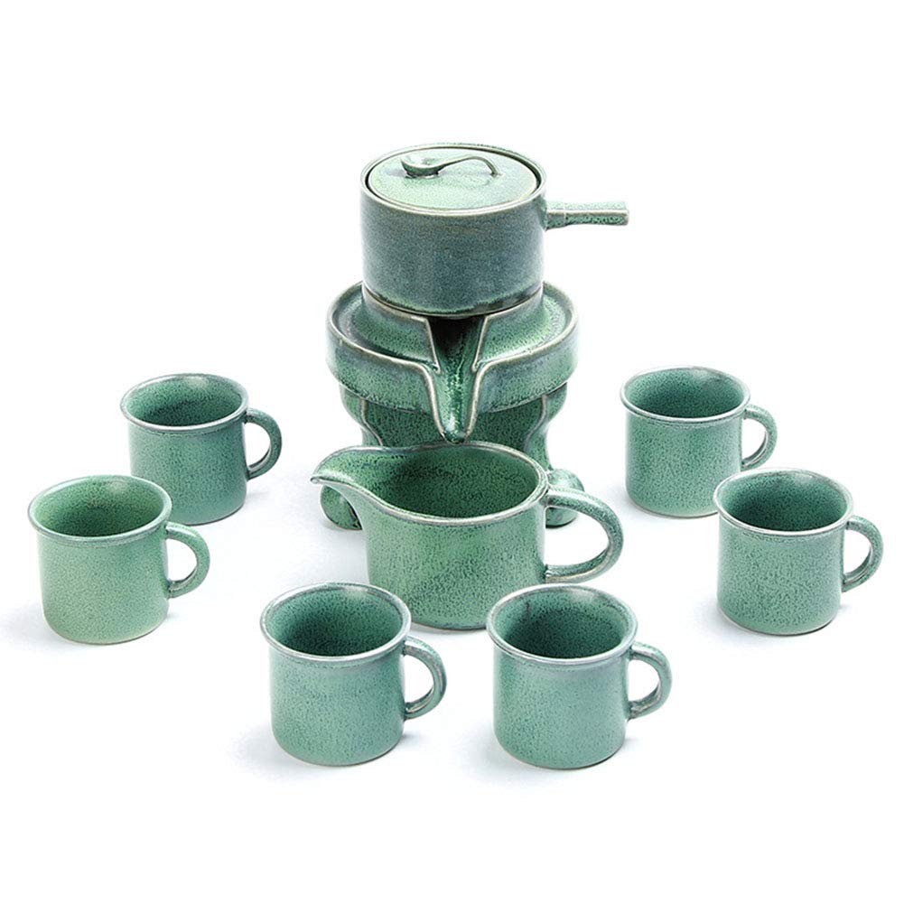 Premium Chinese Gongfu Tea Set - Handmade Porcelain Teapot with Stone-Mill Design & 6 Matching Cups - Traditional Ceremonial Tea Service for Home, Office & Parties (Cyan) - Perfect for Meditation, Gift Giving & Cultural Events