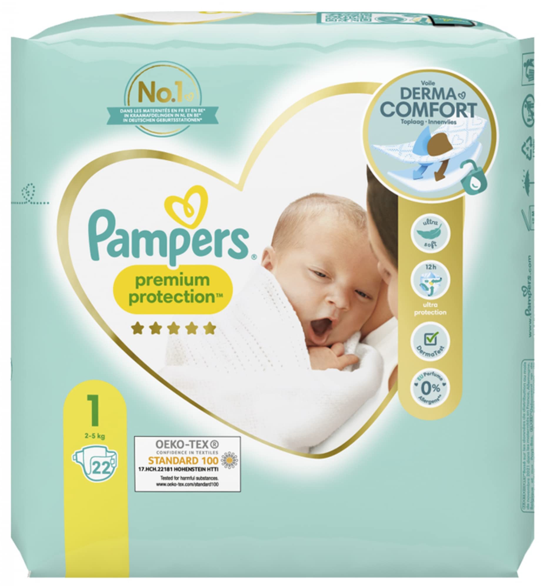 PAMPERS Premium Protection Baby Diapers Size 1 (2-5 kg) - Pack of 22 | Ultra Soft & Hypoallergenic for Newborns | Perfect for Overnight Use & Sensitive Skin
