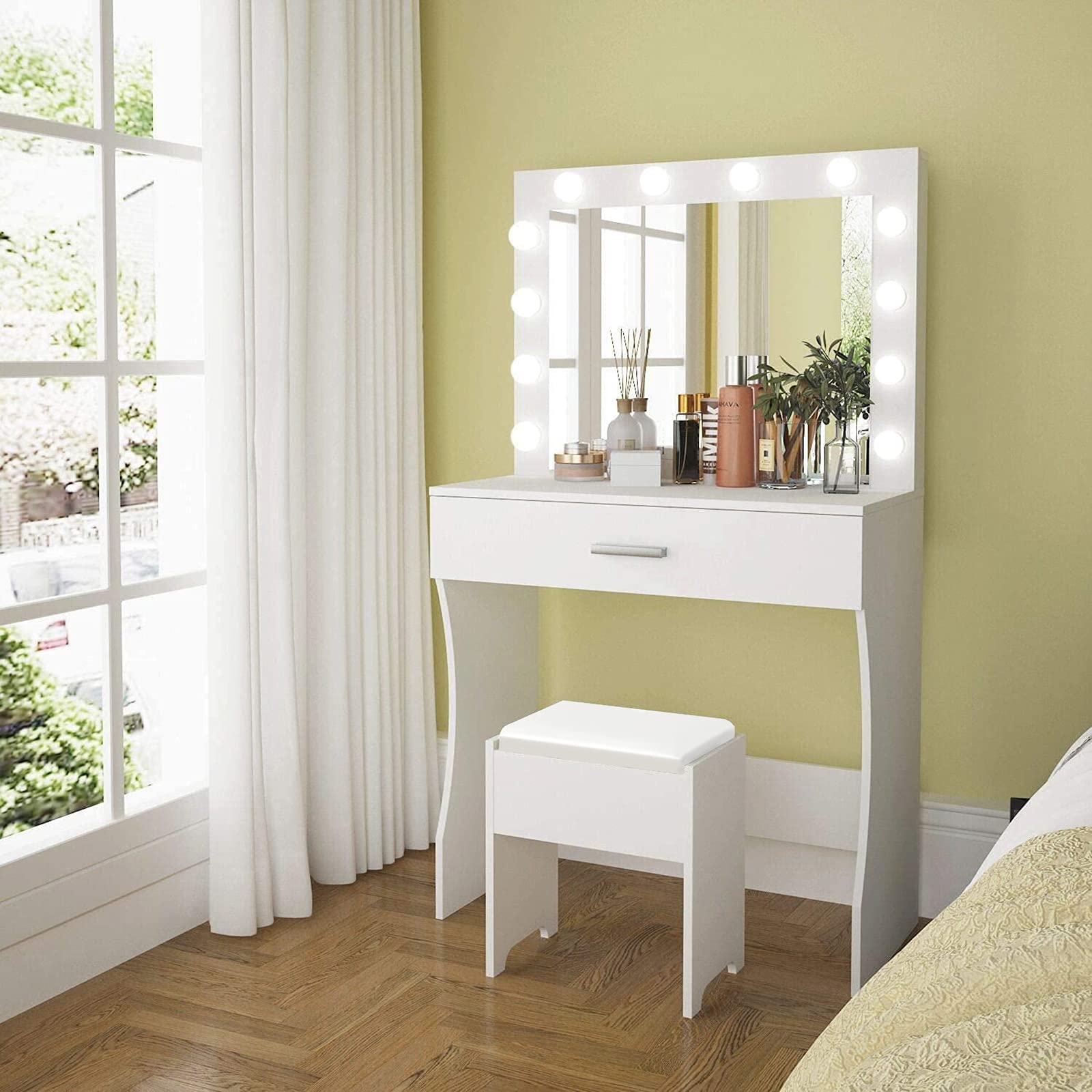 Elegant White Vanity Table Set with LED Lighted Mirror - Adjustable Brightness, Large Storage Drawer, Sturdy Wood Makeup Dressing Table (80x40x140cm) for Bedroom, Salon & Home Decor