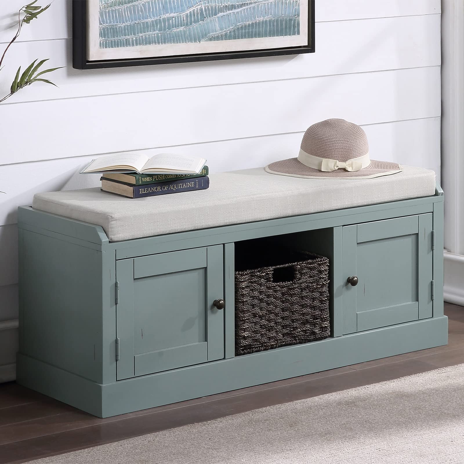 Wooden Storage Bench with 2 Cabinets & 1 Basket - Shoe Cabinet & Entryway Bench for Hallway, Living Room | Blue Home Organization Furniture | Perfect for Small Spaces & Entryway Storage