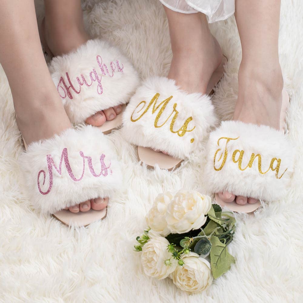 Custom Personalized Bride Slippers - Monogrammed Wedding Shower Gift for Bride & Bridesmaids - Open Toe Fuzzy House Slippers for Women - Perfect for Wedding Day, Bridal Party & Cozy Home Wear