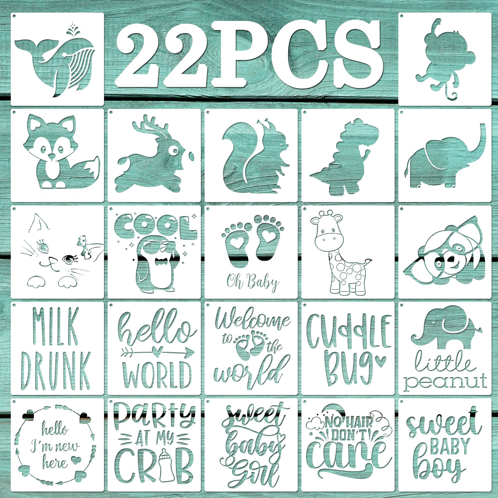 22 Pack Baby Shower Stencils for Onesie Decorating Kit - Mixed Animal & Phrase Templates for Baby Clothes, Bibs, Bodysuits & Shoes | Perfect for DIY Baby Shower Gifts, Nursery Decor & Personalized Baby Clothing