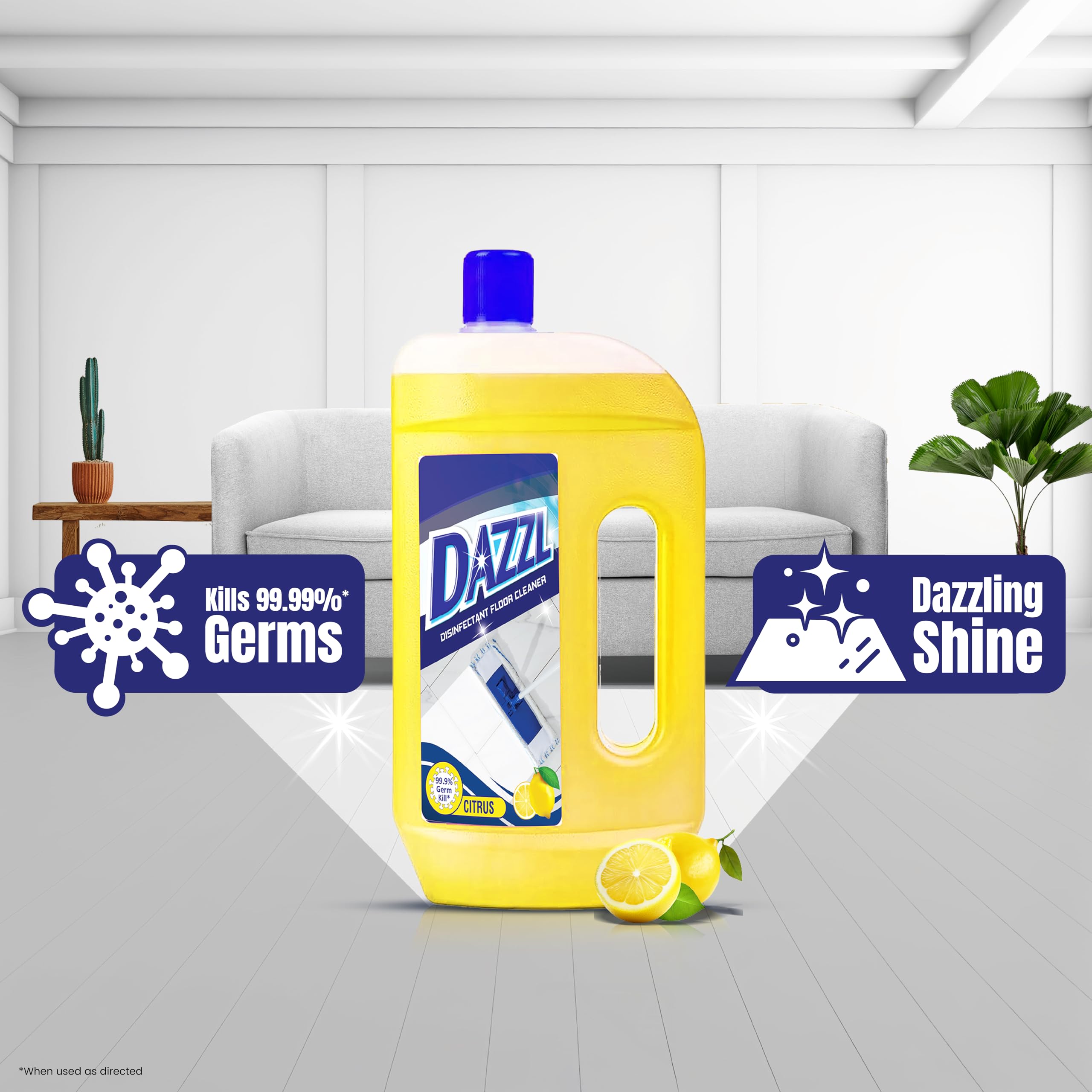 Dazzl Disinfectant Surface & Floor Cleaner Liquid - Citrus Scent (2 Liters) | Kills 99.9% Germs & Bacteria | Safe for Tile, Marble, Granite Floors | Works with All Floor Mops | Ideal for Kitchens, Bathrooms & High-Traffic Areas