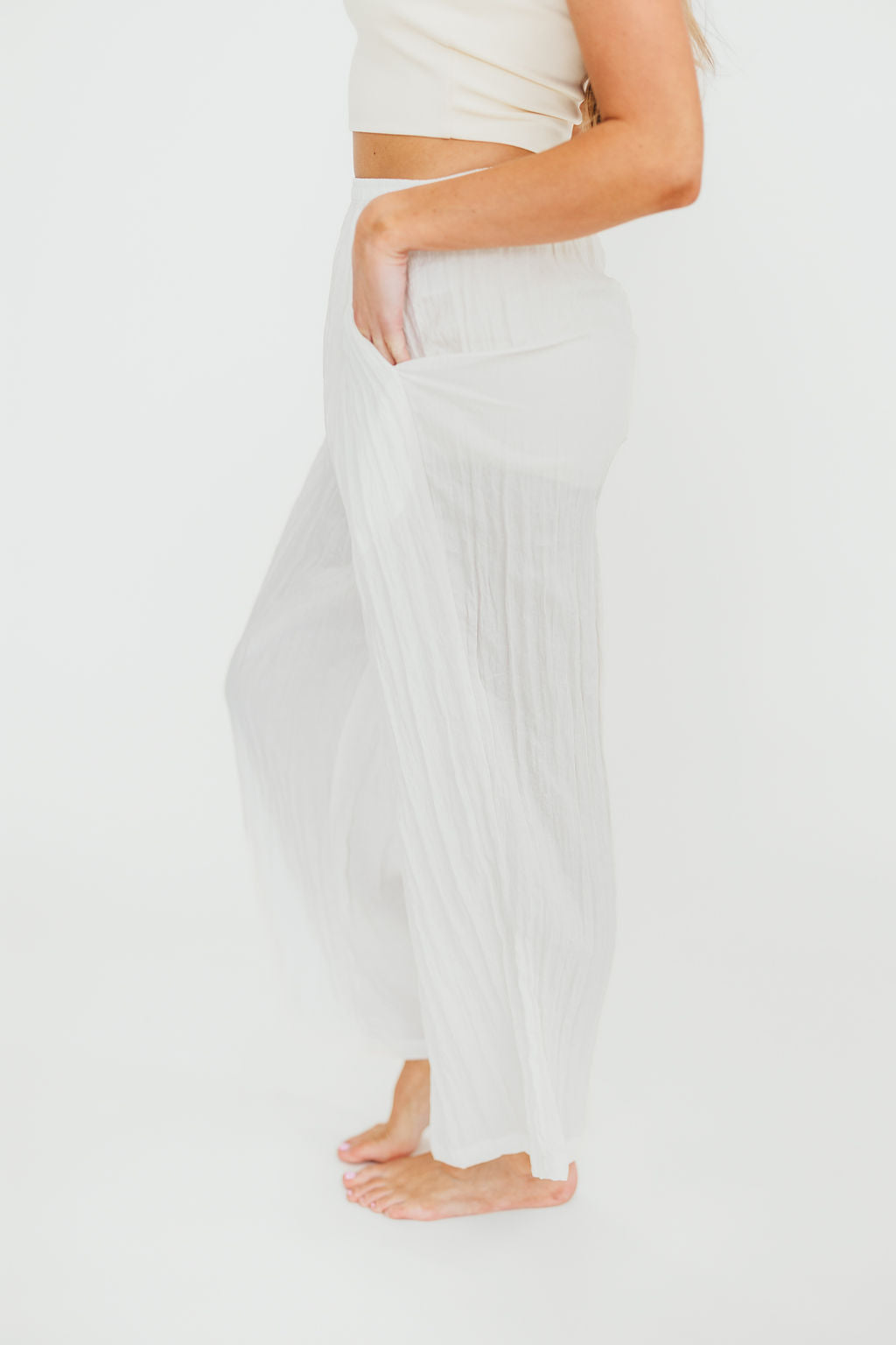 Harmony Crinkle Fabric Pants in Milk - Soft Comfortable Women's Lounge Pants for Home, Yoga, and Relaxation