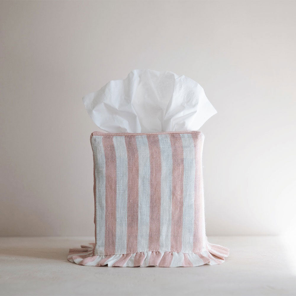 Linen Tissue Box Cover Blush Stripe - Elegant Home Decor for Living Room, Bedroom & Bathroom Organization