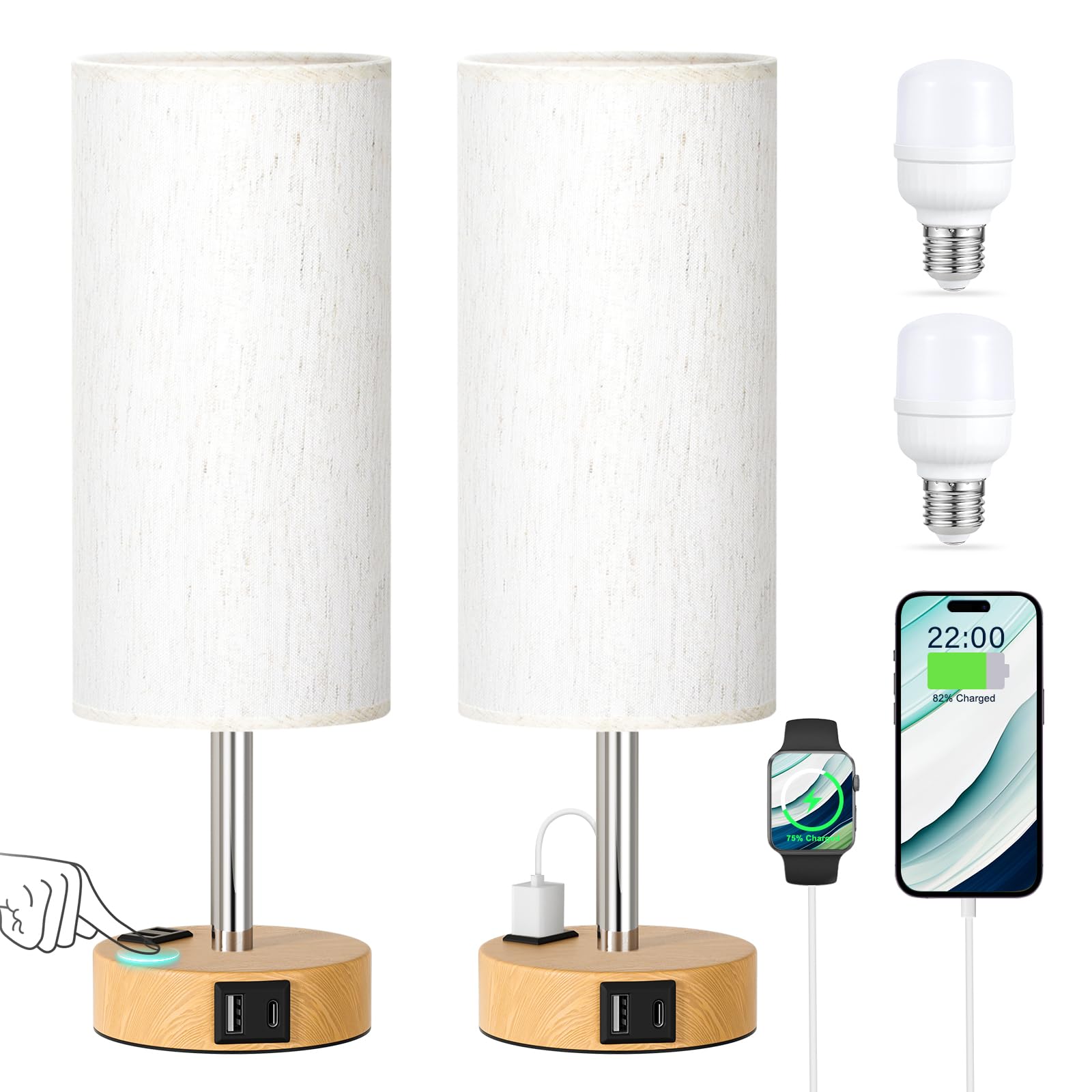 Modern Touch Control Table Lamp Set of 2 - 3-Way Dimmable Bedside Lamps with USB-C & USB-A Charging Ports & AC Outlet, Nightstand Lamps for Bedroom, Living Room, Office, Reading Nook - Perfect for Nighttime Reading, Home Decor & Workspace Lighting
