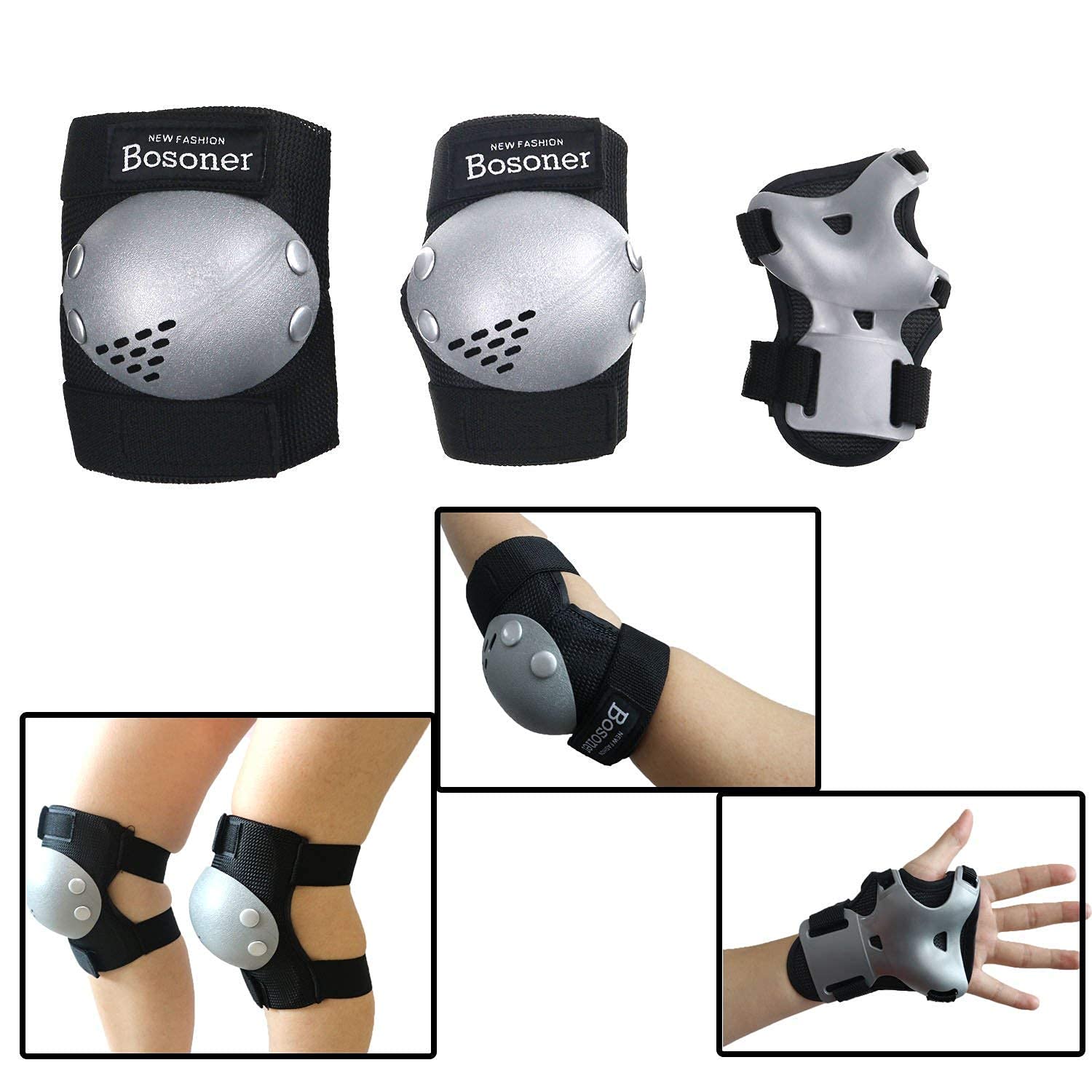 BOSONER Kids Wrist Guards & Knee Pads Protective Gear Set - Safety Equipment for Roller Skating, Cycling, BMX, Snowboarding, Skateboarding, Scooter Riding (Medium, Ages 6-15) - Perfect for Outdoor Sports & Extreme Activities