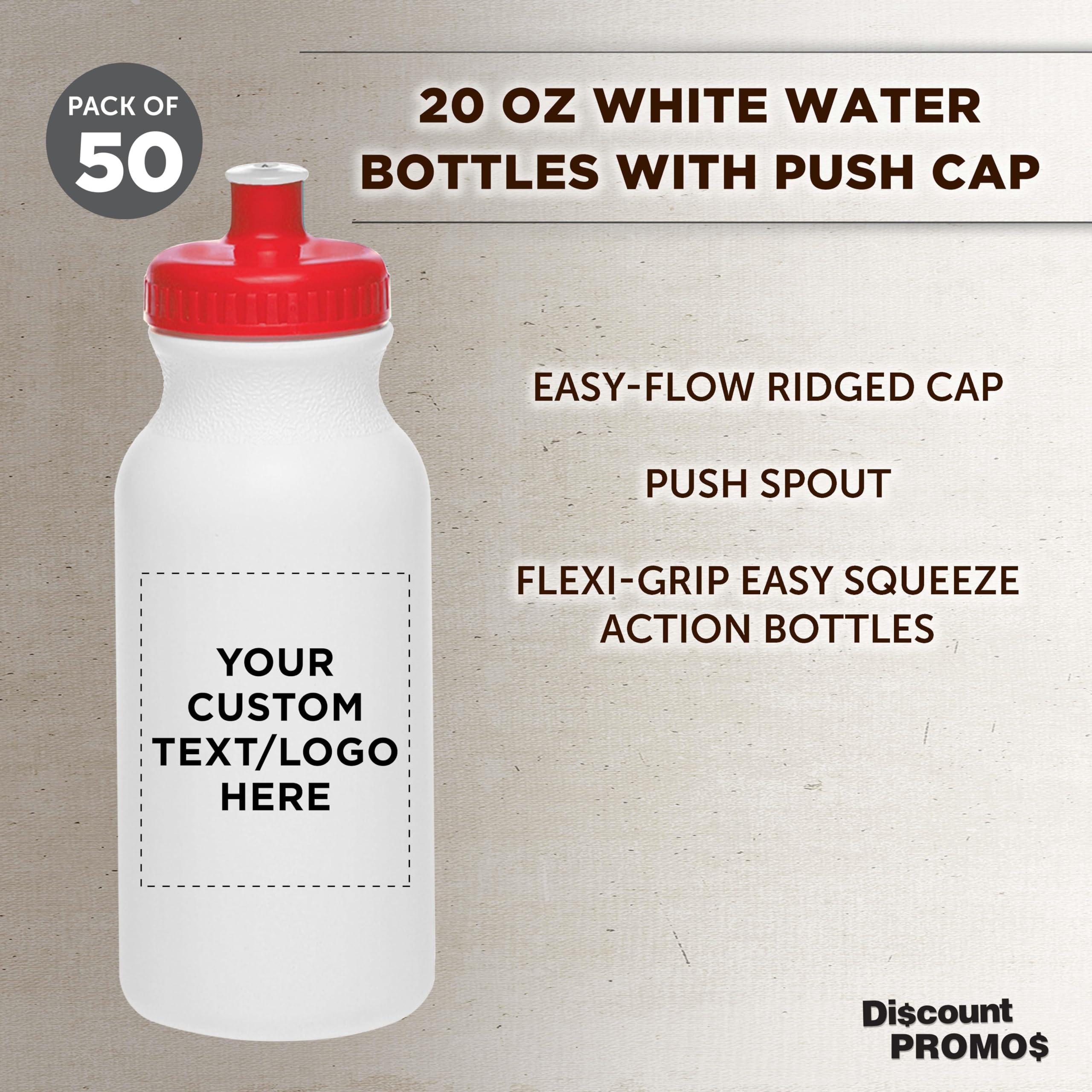 Custom White Water Bottles with Push Cap - 50 Pack | Personalized Text & Logo | 20 oz BPA-Free Reusable Squeezable Bottles in Bulk (White/Red) - Perfect for Corporate Gifts, Sports Teams, and Promotional Events