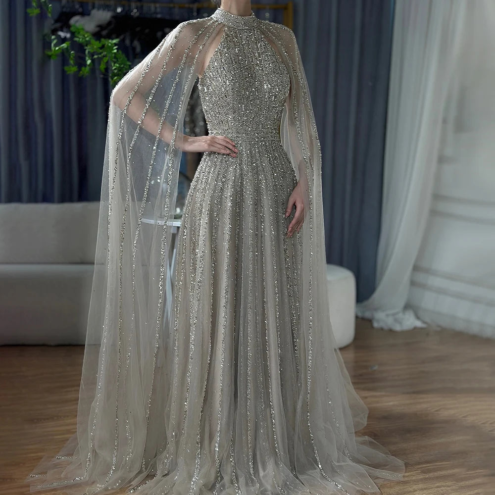 Luxury Dubai Arabic Caramel A-Line Cape Sleeve Beaded Evening Gown - Saudi Formal Dress for Women LA72306B | Perfect for Weddings, Galas & Special Occasions