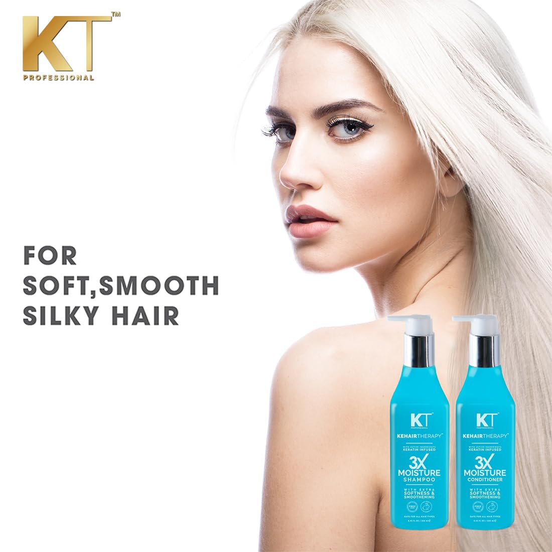 KT Professional Keratin Protein Sulfate-Free 3X Moisture Shampoo & Conditioner Set (2 x 250ml) - Hydrating Hair Care for Dry, Damaged & All Hair Types - Salon-Quality Moisture Boost for Soft, Shiny Hair at Home