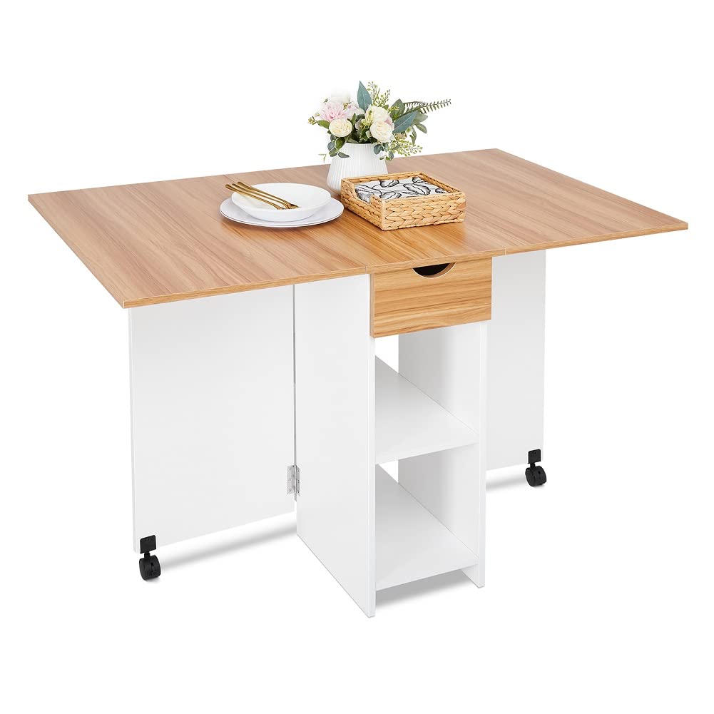 Space-Saving Drop Leaf Folding Dining Table with 1 Drawer & 2 Open Shelves - Modern Kitchen Table for Small Spaces in White & Red Oak - Perfect for Apartments, Breakfast Nooks & Compact Dining Areas