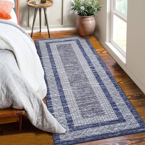 GARVEE 2x6 Modern Non-Slip Runner Rug - Washable Soft Geometric Carpet for Hallway, Kitchen & Entryway | Distressed Blue Border Design | Perfect for High-Traffic Areas, Home Decor & Pet-Friendly Spaces