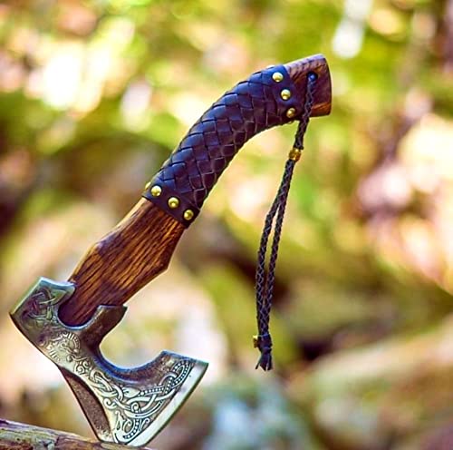 Handcrafted Viking Bearded Axe - Forged Camping Tomahawk with Rosewood Handle | Perfect Gift for Men (Birthday, Anniversary) | Outdoor Survival Tool & Medieval Decor