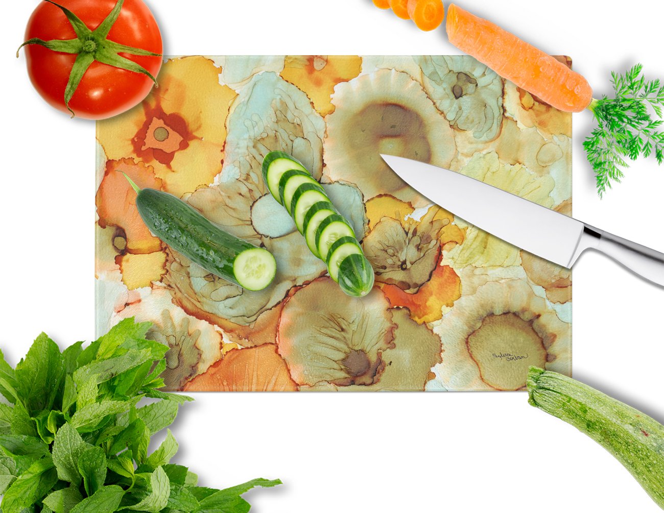 Abstract Flowers Teal & Orange Glass Cutting Board - Large Tempered Glass Kitchen Chopping & Serving Board - Decorative & Durable for Fruits, Meats, Cheeses - Perfect for Entertaining & Home Decor