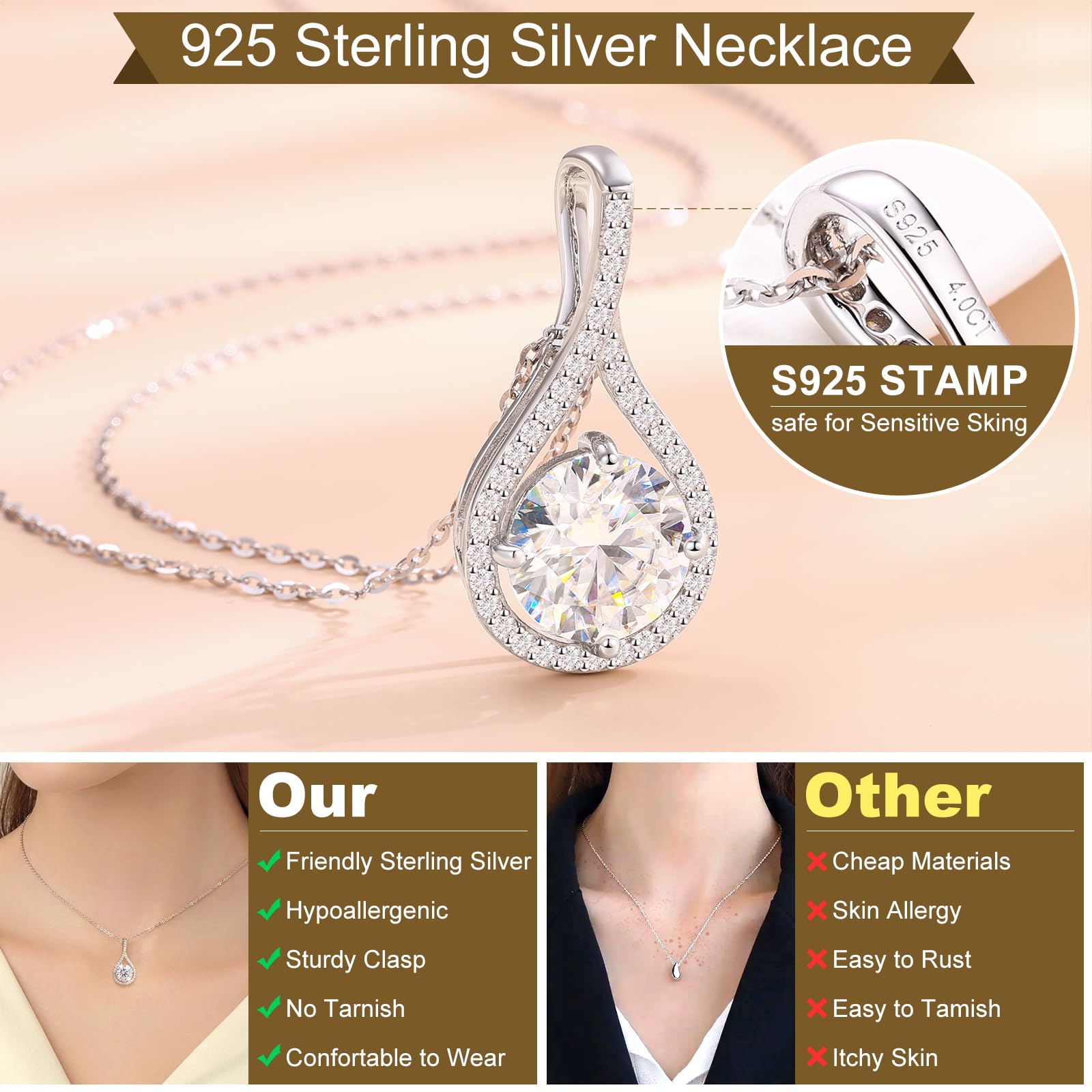 Moissanite Necklace for Women - 925 Sterling Silver 18K Gold Plated 0.5-6.0CT Diamond Alternative Pendant Jewelry Gift for Anniversary, Birthday, Wedding - Perfect for Wife, Mom, Girlfriend - Elegant for Date Night, Party & Special Occasions