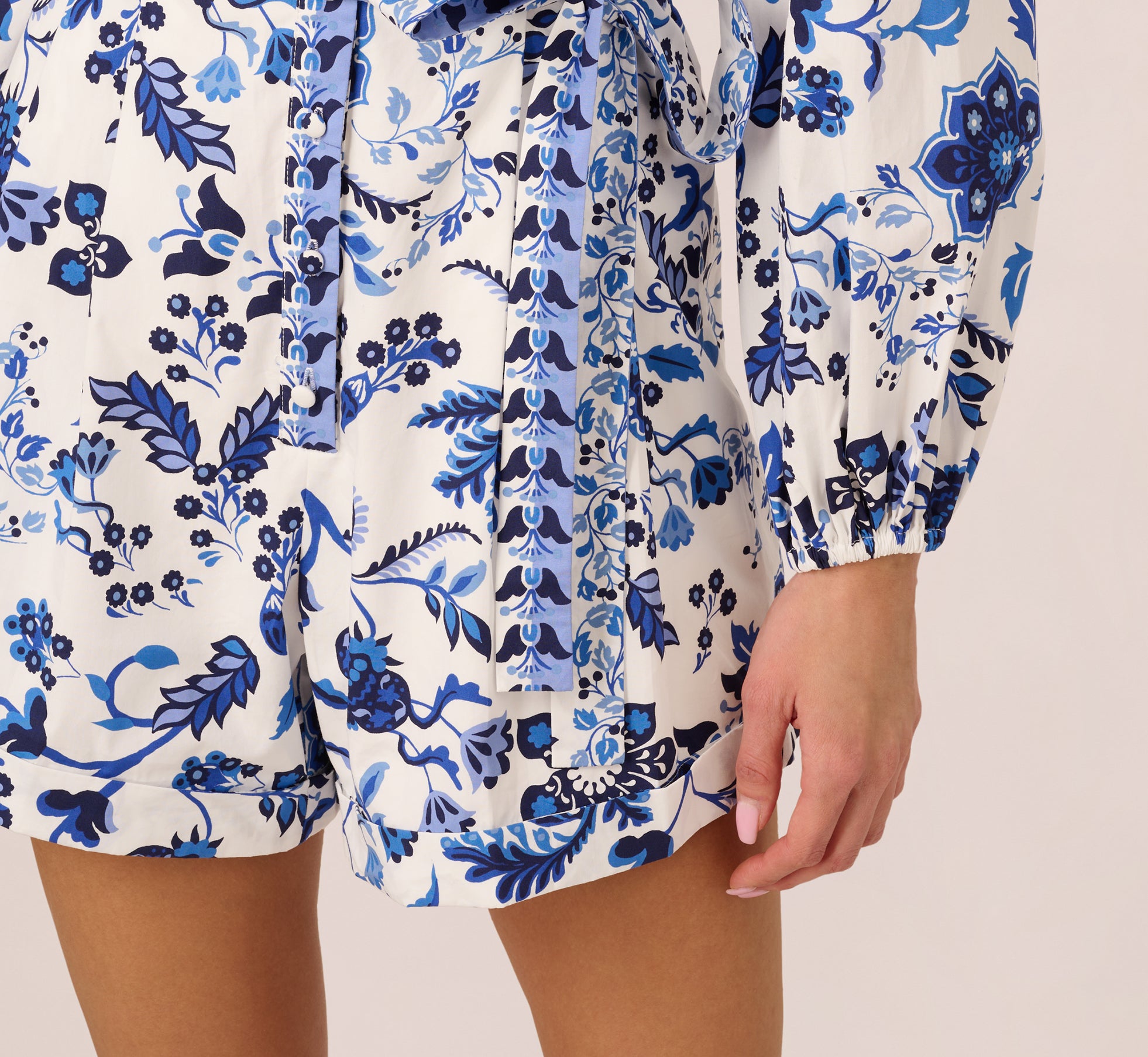 Long Sleeve Tie Front Floral Romper - White Blue Multi Color Women's Jumpsuit | Perfect for Spring Outfits, Date Nights & Casual Wear