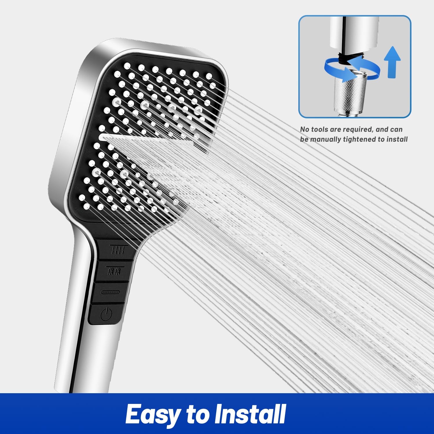 VEHHE 7-Spray Mode Square Shower Head with 1.5M Hose - Water Saving Rain Shower with Stop Button & Adjustable Universal Bracket (Silver) - Perfect for Bathroom Renovation & Water Conservation