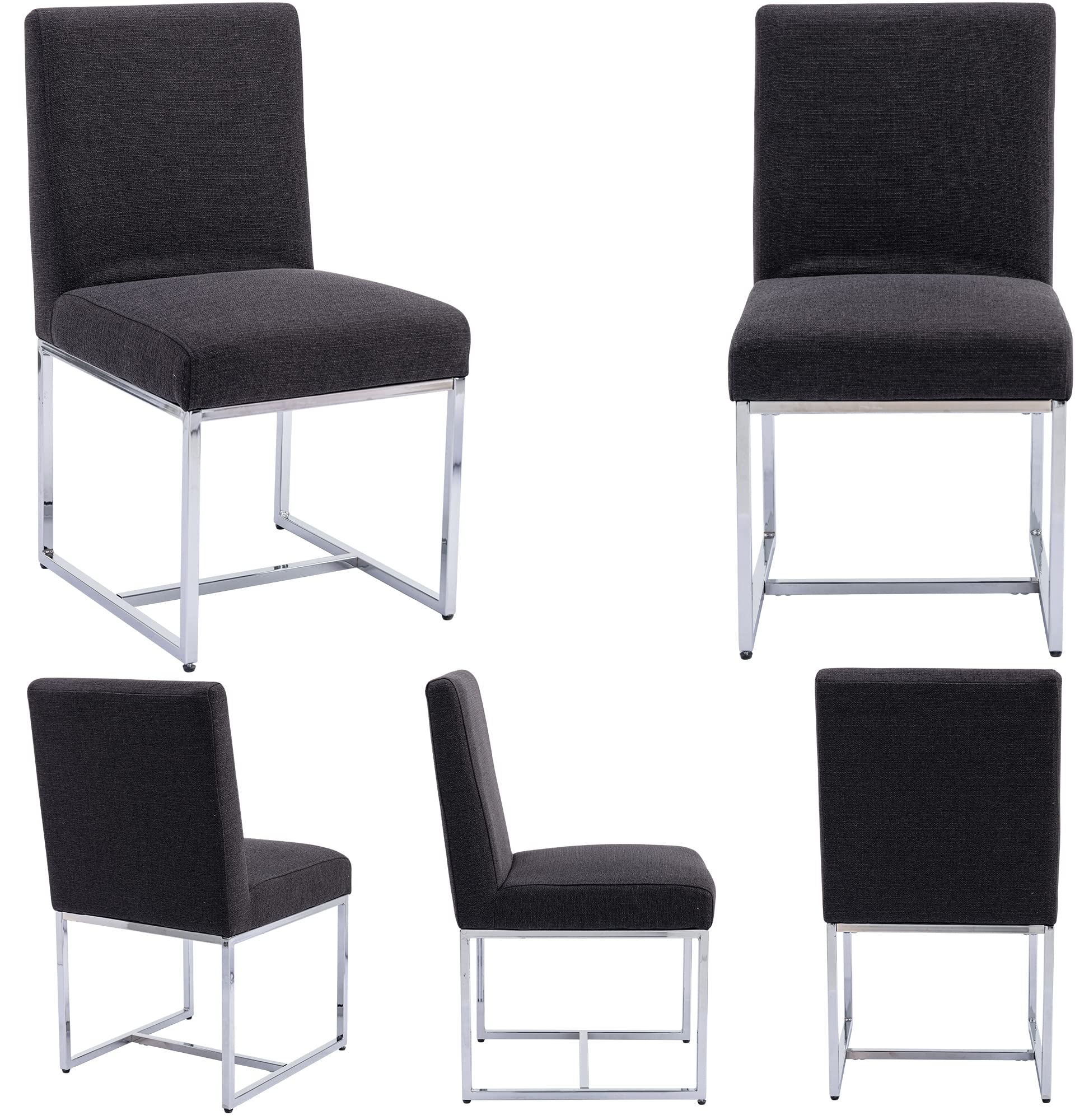 Modern Fabric Dining Chairs Set of 2 - Linen Upholstered Mid Century Armless Kitchen Chairs with Chrome Legs for Dining Room, Living Room & Office - Charcoal Gray