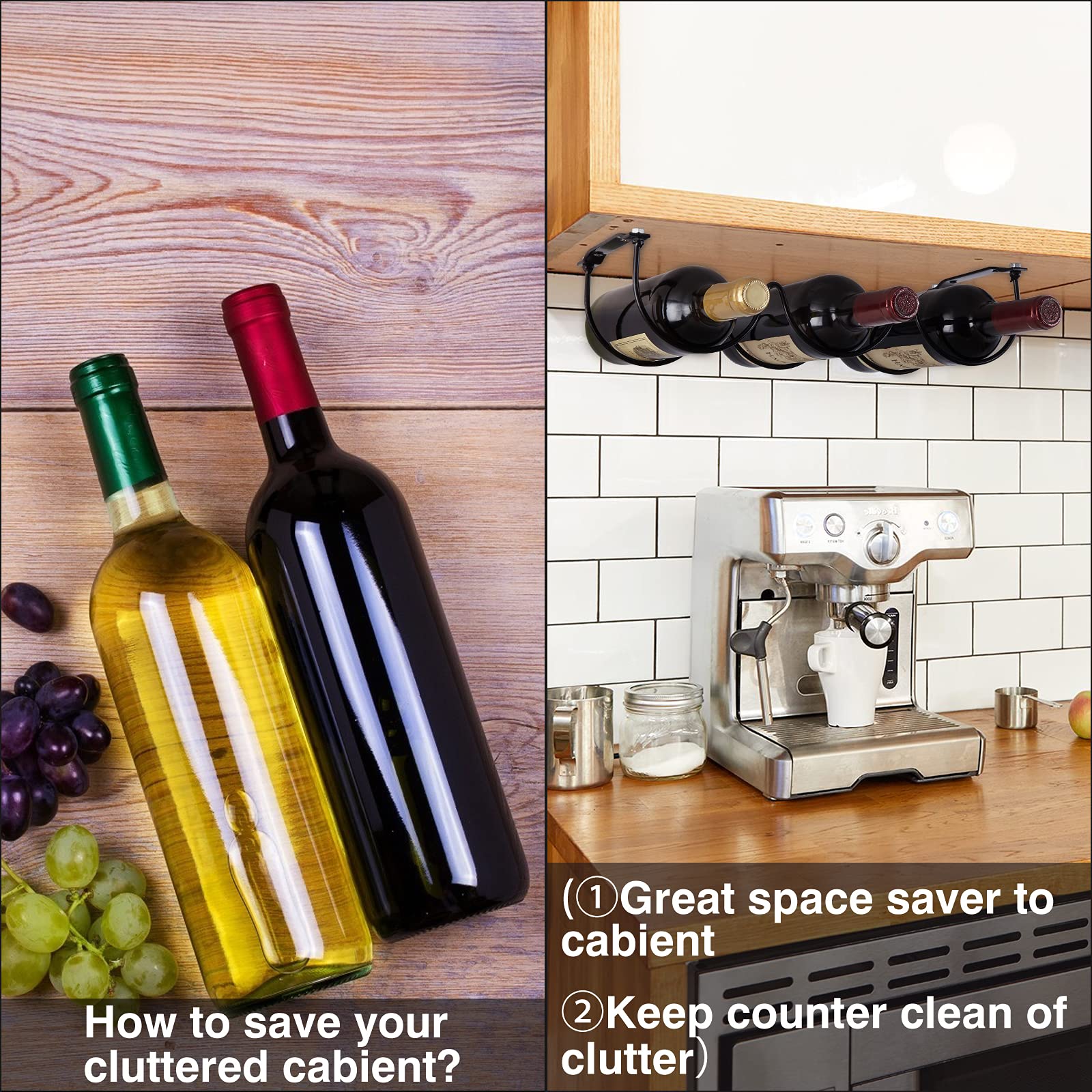 Under Cabinet Wine Rack - Black Metal Wall Mounted Bottle Holder for Kitchen Organization & Storage | Perfect for Wine, Liquor & Decorative Bottle Display in Home Bars & Small Spaces