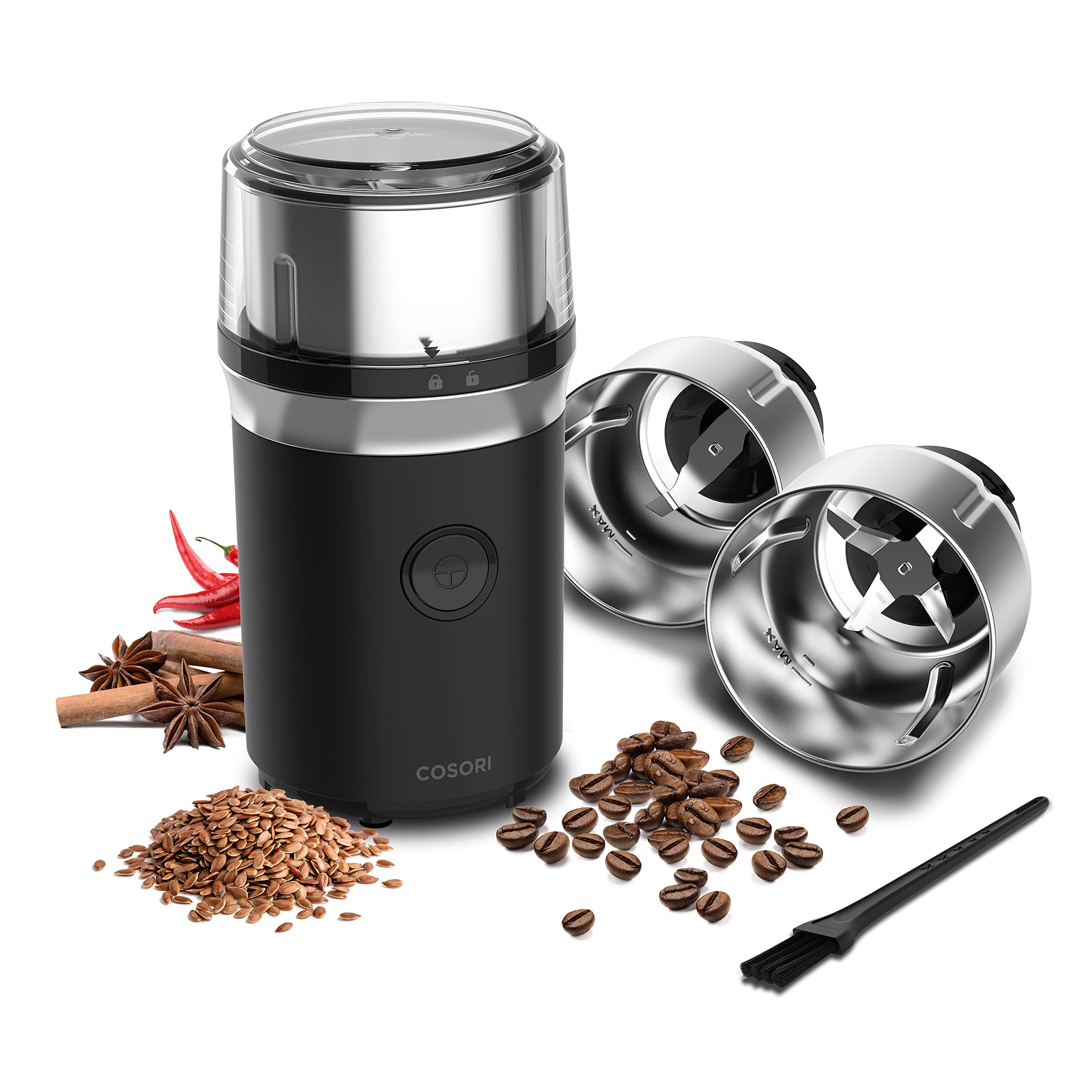 COSORI Electric Coffee Grinder for Spices, Seeds, Herbs & Coffee Beans - Stainless Steel Blades with 2 Removable Bowls - Wet & Dry Grinder for Espresso, Cooking & Baking - Perfect for Kitchen, Camping & Travel (Black)