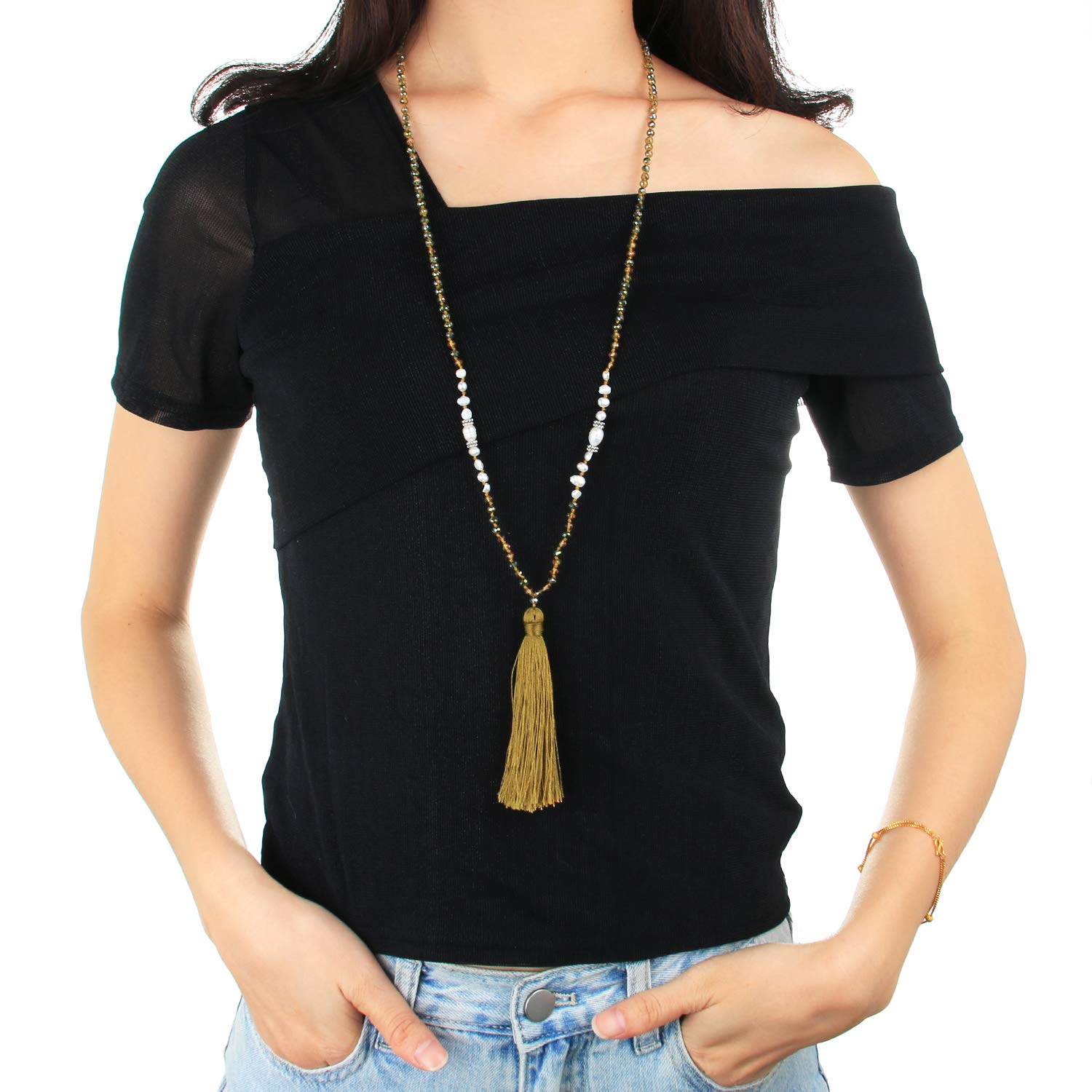 Elegant KELITCH Women's Pearl Necklace with Crystal Beads - Handmade Tassel Jewelry for Party, Wedding & Evening Wear
