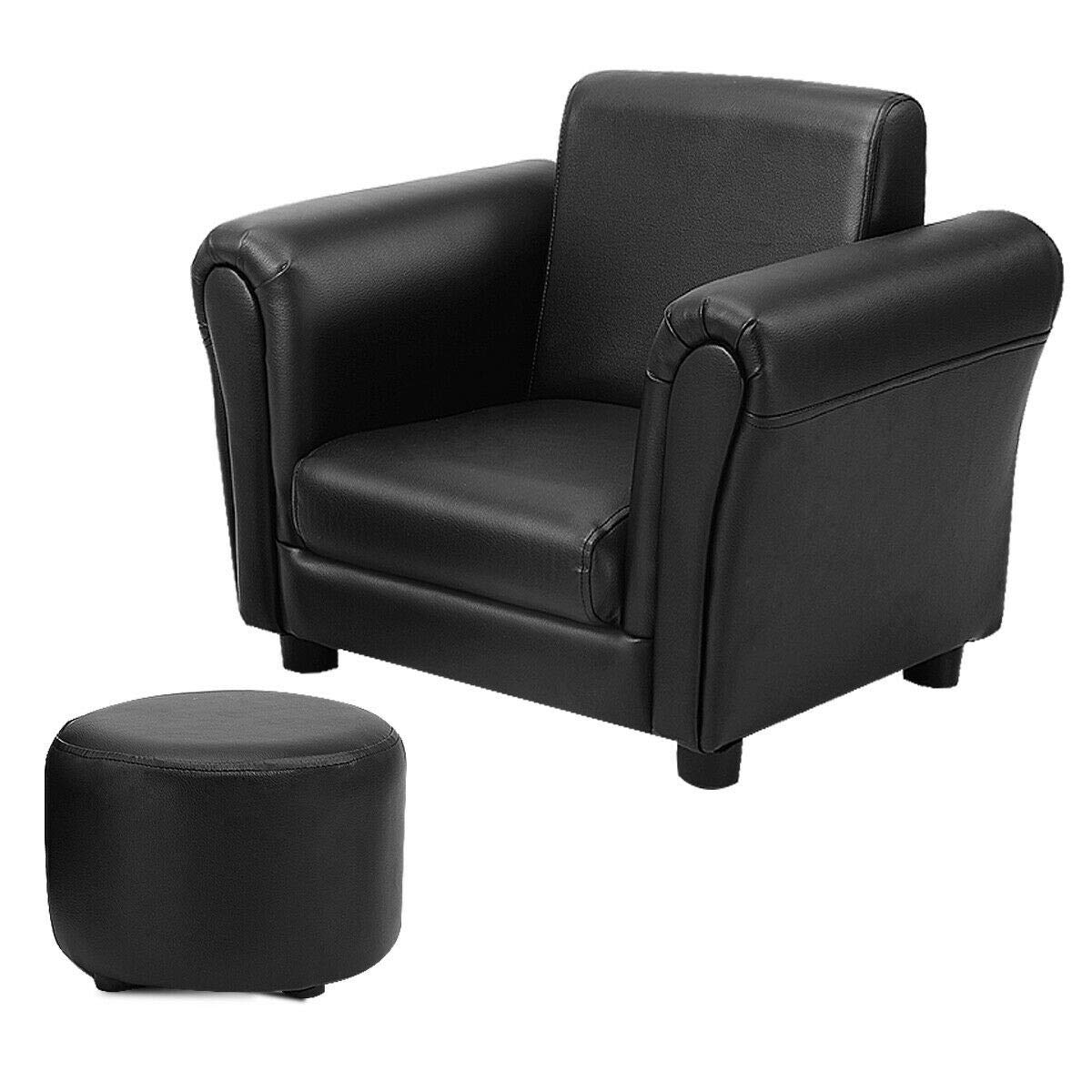 Durable Black Kids Single Armrest Couch Sofa with Ottoman - Modern Children's Furniture for Girls & Boys Bedroom, Playroom, or Living Room - Perfect for Reading, Relaxing & Playtime