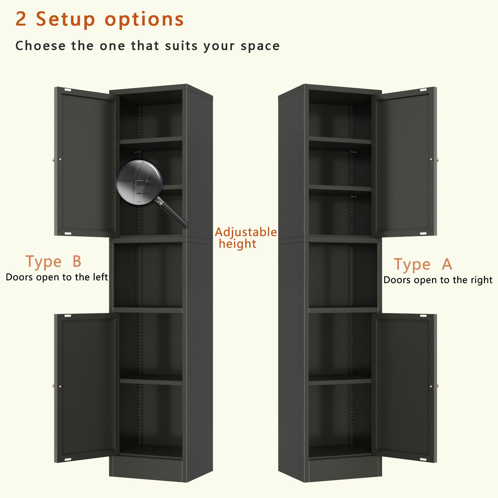 Black Tall Metal Storage Cabinet with 3 Adjustable Shelves & 2 Doors - Narrow Sideboard for Small Spaces - Perfect for Living Room, Home Office & Dining Room Organization