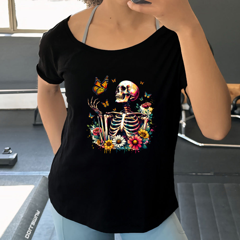 Trendy Skeleton Butterflies Graphic Slouchy T-Shirt for Women | Gothic Fashion Tee | Perfect for Casual Wear, Halloween, and Street Style Outfits