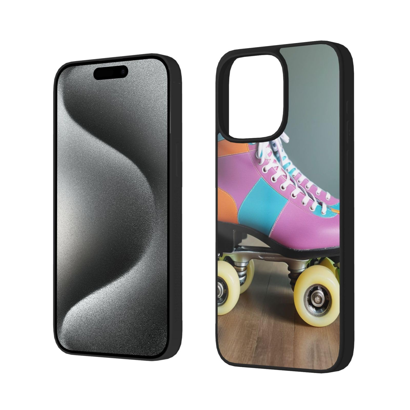 Retro Roller Skates Colorful Printed iPhone 15 Pro Max Case - Soft Glass Upgrade with Camera Protection (6.7/6.1 Inch) | Durable Protective Phone Cover for Everyday Use, Travel & Outdoor Activities
