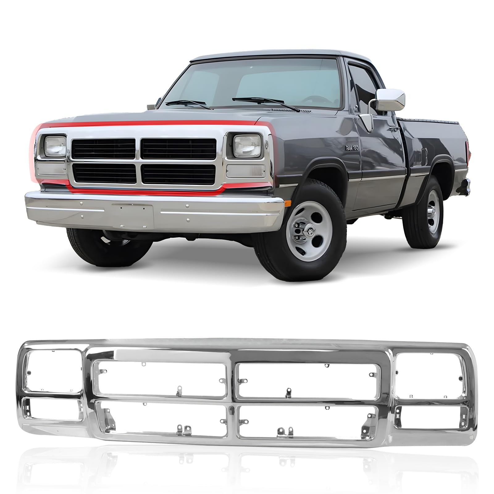 Chrome Front Grille for 1991-1993 Dodge D150 RAM Charger SUV - Replacement CH1200137 & 55026080 - Durable Auto Body Part for Off-Roading & Truck Restoration Projects