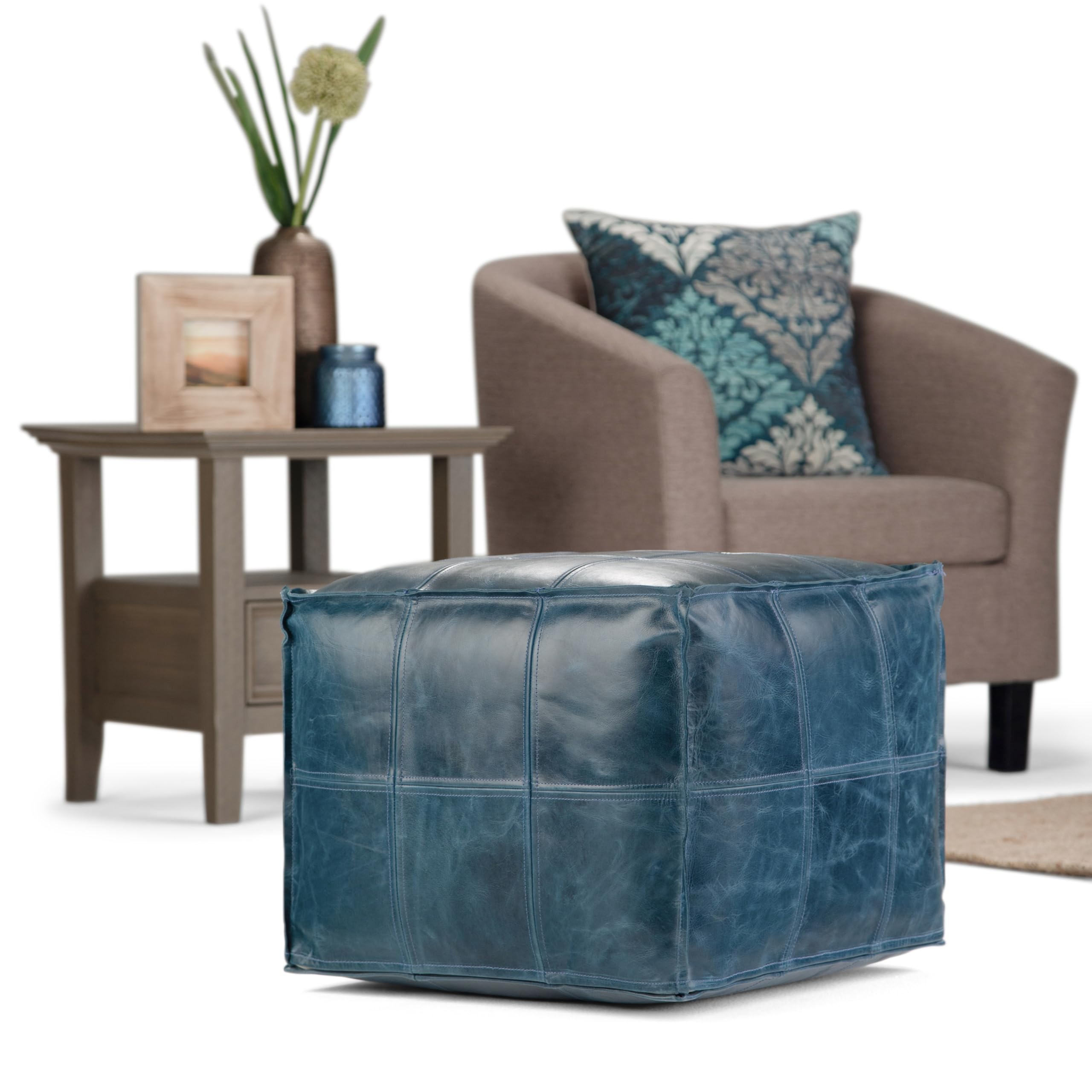 SIMPLIHOME Manning Boho Square Pouf in Teal - Genuine Leather Ottoman for Living Room, Bedroom, Nursery & Dorm - Stylish Footrest, Seating & Home Decor Accent