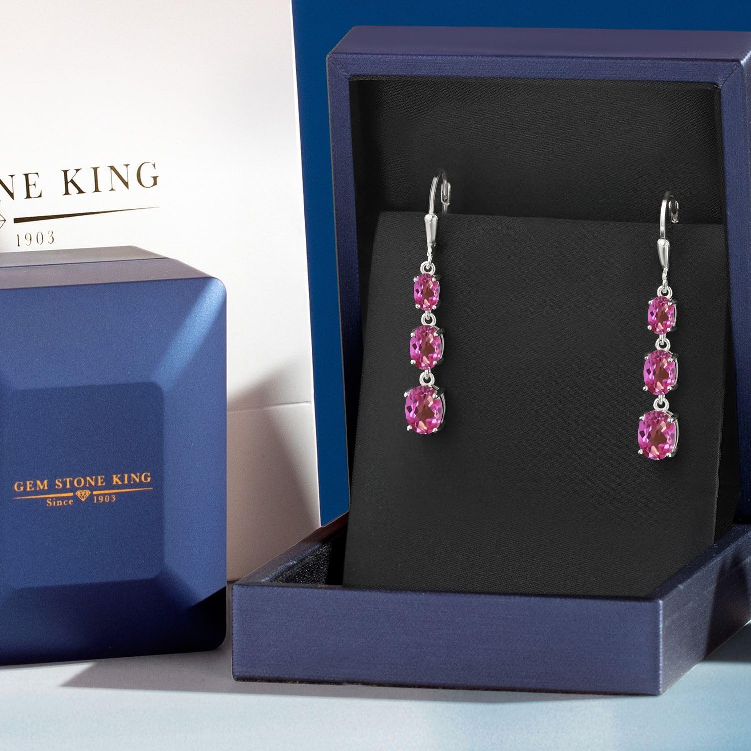 Gem Stone King 3-Stone Leverback Drop Dangle Earrings for Women - 925 Sterling Silver Birthstone Jewelry | Oval 8x6mm, 7x5mm & 6x4mm Gemstones | Elegant Gift for Mom, Wife, Her | Perfect for Weddings, Anniversaries & Special Occasions