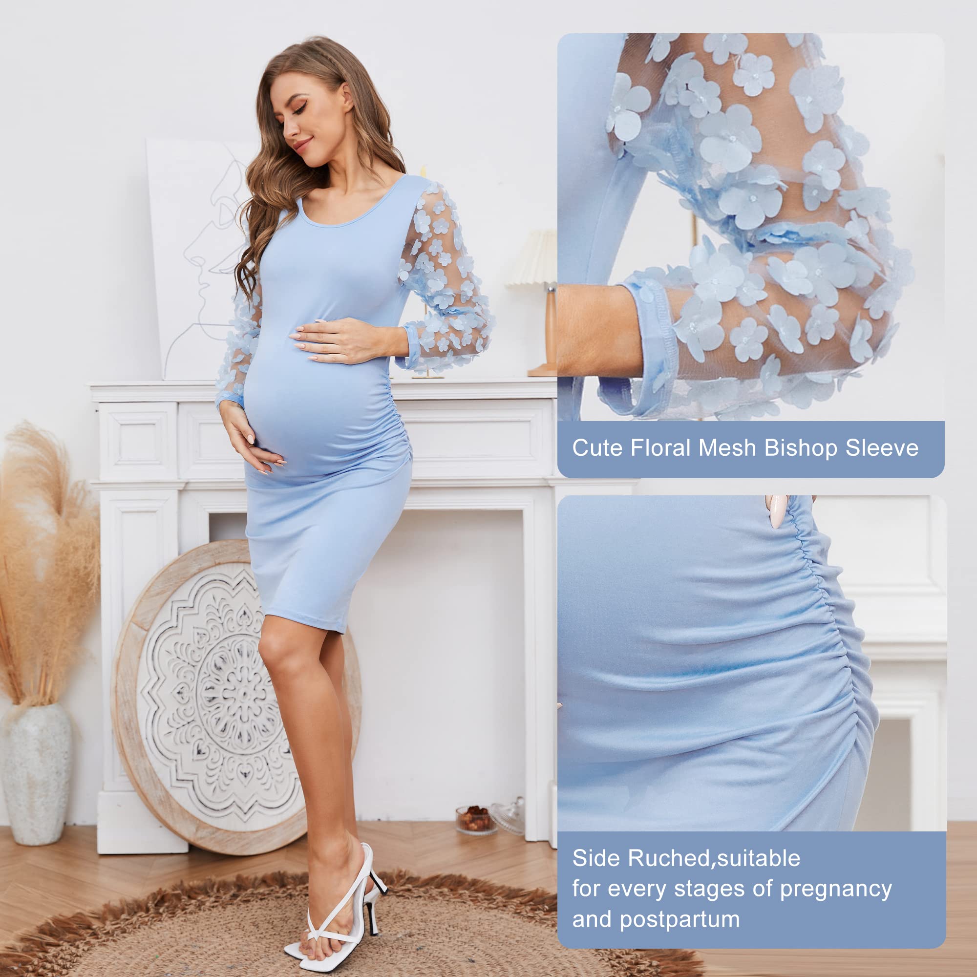 Floral Mesh Bishop Long Sleeve Maternity Midi Dress - Elegant Pregnancy Bodycon Dress for Baby Shower, Photoshoot, Fall Wedding & Special Occasions | Comfortable Stretchy Fabric for Expecting Moms