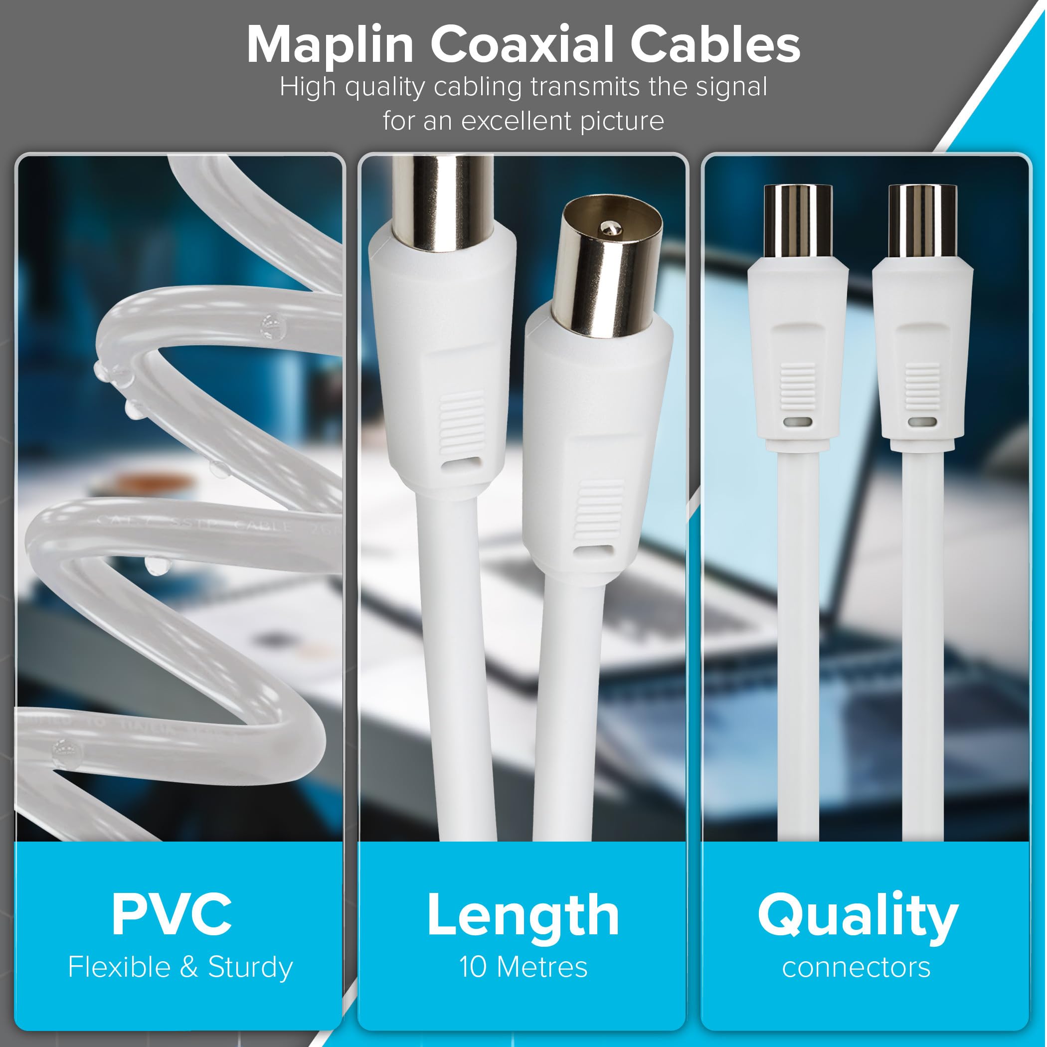 Maplin 10M Coaxial TV Aerial Cable - RF Male to RF Male Connector for HD Digital Antenna, Satellite, CCTV & Home Theater Systems