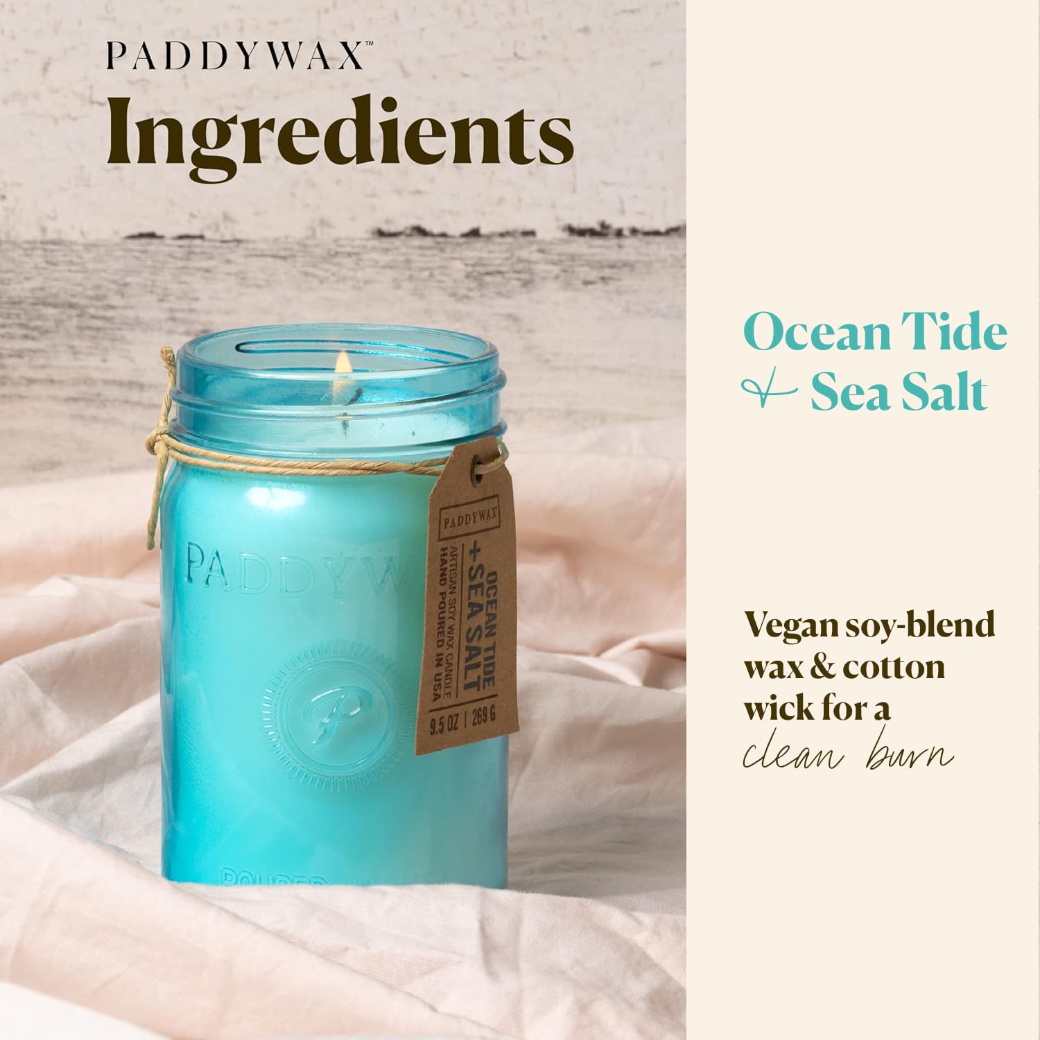 Paddywax Scented Candles - Relish Collection Soy Wax Artisan Candle in Glass Jar with Lid, 9.5-Ounce, Ocean Tide + Sea Salt Fragrance - Perfect for Home Decor, Relaxation & Aromatherapy