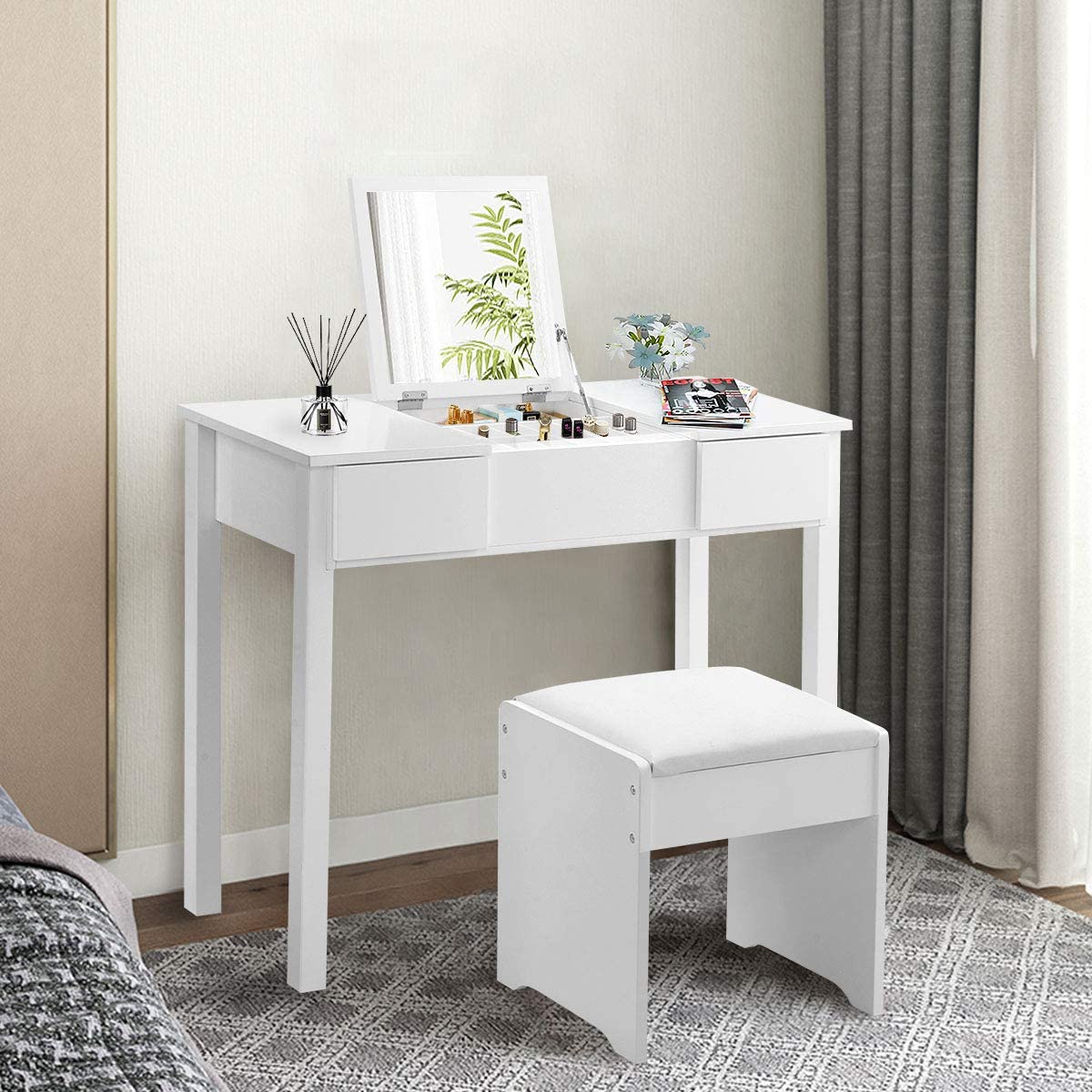 MAT EXPERT Vanity Set with Flip Mirror - Chic White Bathroom Dressing Table with 2 Drawers & 3 Removable Grids, Makeup Organizer Writing Desk with Padded Stool - Multifunctional Dresser for Office, Bedroom, and Home Decor | Perfect for Makeup Application, Skincare Routine, and Workspace Organization