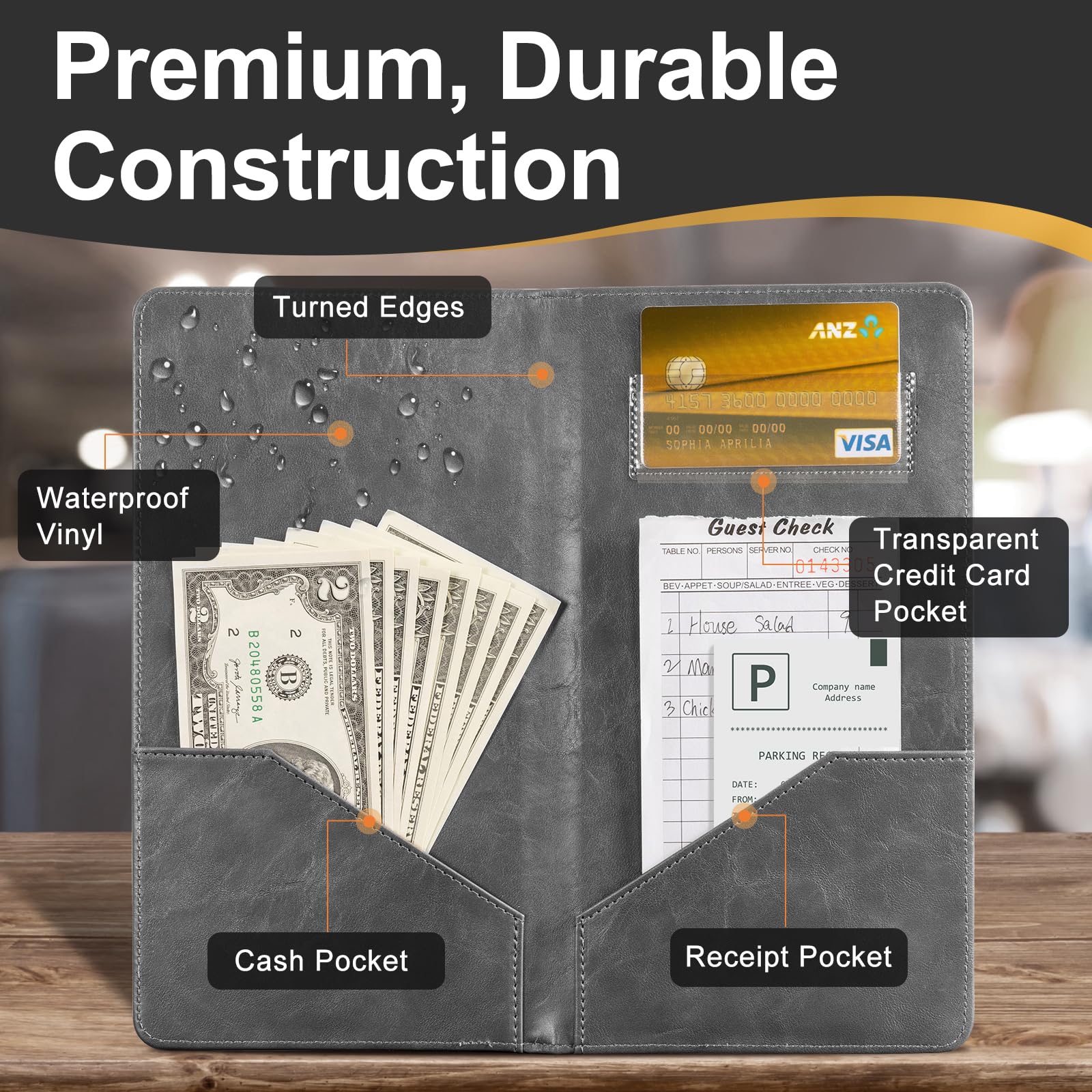 Cobak Restaurant Check Presenters - 20 Pack Gray Leather Bill Holders for Waiters, Customer Check Holders - Perfect for Restaurants, Cafes, and Bars