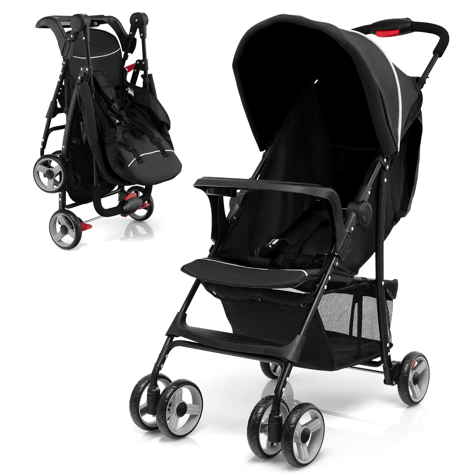 HONEY JOY Lightweight Compact Travel Stroller for Toddlers & Infants - Adjustable Canopy, Reclining Backrest, Storage Basket - Airplane Approved Foldable Umbrella Stroller (Black) | Perfect for Air Travel, Shopping, Walks & Daily Use