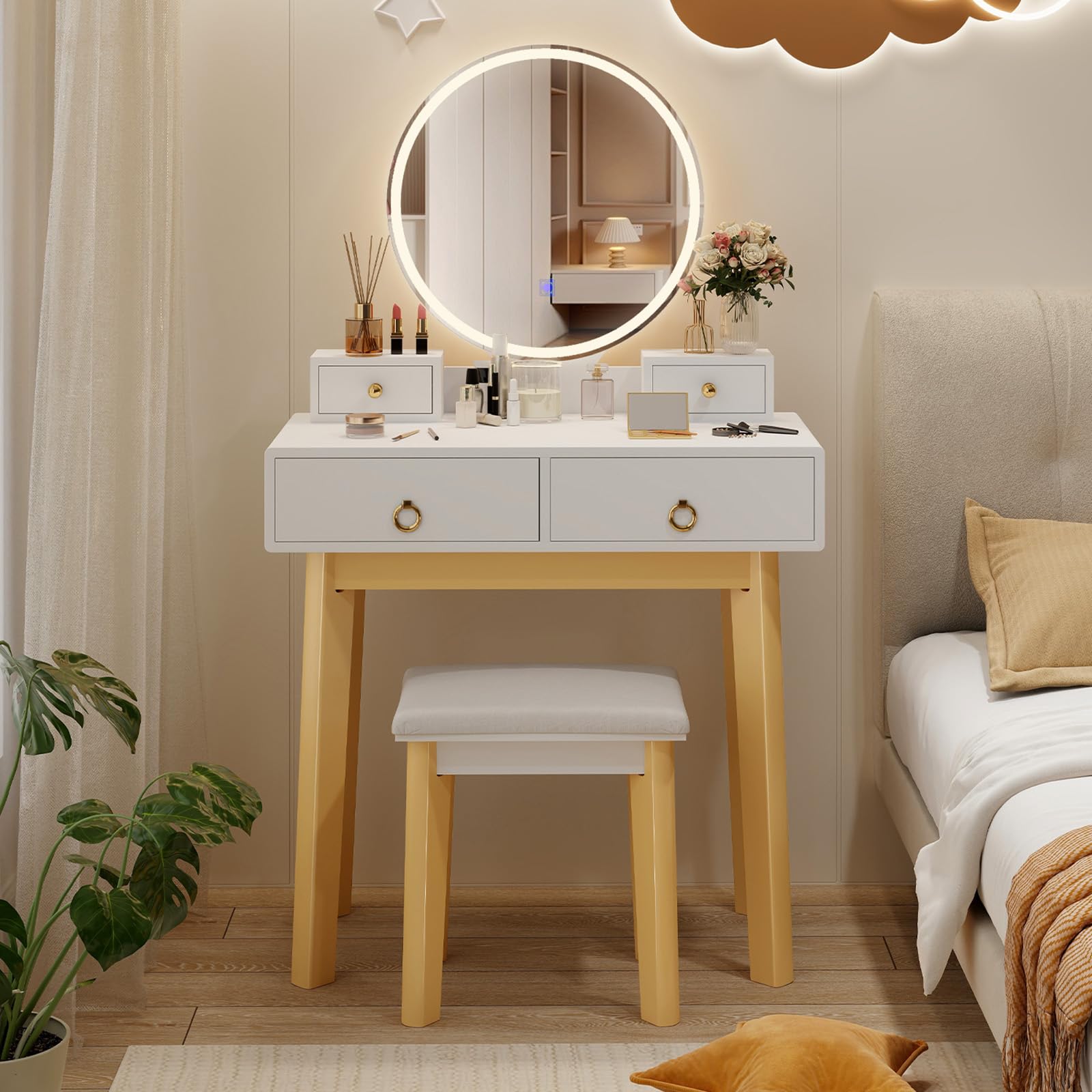 Charmaid White Vanity Desk with Mirror & LED Lights - Modern Makeup Dressing Table with 4 Drawers, Adjustable Brightness & 3 Lighting Modes, Includes Vanity Stool - Perfect for Girls' Small Bedroom, Home Makeup Studio & Beauty Corner